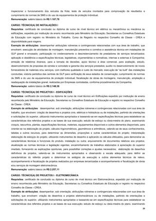 29
inspecionar o funcionamento dos veículos da frota; teste de veículos montados para comprovação de resultados e
cumprimento de normas de SMS e do uso de equipamentos de proteção individual.
Remuneração: salário básico de R$ 1.187,78
CARGO: TÉCNICO(A) DE INSTALAÇÕES I
Requisitos: certificado de conclusão ou diploma de curso de nível técnico em elétrica ou mecatrônica ou mecânica ou
edificações, expedido por instituição de ensino reconhecida pelo Ministério da Educação, Secretarias ou Conselhos Estaduais
de Educação com registro no Ministério do Trabalho. Curso de Registro no respectivo Conselho de Classe - CREA e
disponibilidade para viagens.
Exemplo de atribuições: desempenhar atribuições rotineiras e contingenciais relacionadas com sua área de trabalho, que
envolvem: execução de atividades de montagem, manutenção preventiva e corretiva e assistência técnica em instalações de
GLP granel e envasado; participação no credenciamento e descredenciamento de prestadores de serviços terceirizados;
aplicação e obediência a especificações técnicas, legislativas, orçamentárias e normativas, internas e externas à Companhia;
emissão de relatórios diversos, para a tomada de decisões; apoio técnico à área comercial, para avaliação, estudo,
desenvolvimento de propostas de vendas e comodato e garantia dos serviços prestados; auxilio no desenvolvimento de novos
fornecedores de materiais e/ou serviços, com melhores qualidade e custo de mercado; execução de “as built” das instalações
concluídas; vistoria periódica das centrais de GLP para verificação de seus estados de conservação; cumprimento de normas
de SMS e do uso de equipamentos de proteção individual; fiscalização de obras de montagens, manutenção, ampliação e
readequação de instalações granel, realizadas por Empresas contratadas, conforme procedimentos da Companhia.
Remuneração: salário básico de R$ 2.148,38
CARGO: TÉCNICO(A) DE PROJETOS I - EDIFICAÇÕES
Requisitos: certificado de conclusão ou diploma de curso de nível técnico em Edificações expedido por instituição de ensino
reconhecida pelo Ministério da Educação, Secretarias ou Conselhos Estaduais de Educação e registro no respectivo Conselho
de Classe - CREA.
Exemplo de atribuições: desempenhar, sob orientação, atribuições rotineiras e contingenciais relacionadas com sua área de
trabalho, que envolvem: criação de desenhos e projetos civis, elétricos e hidráulicos ou de instalações, partindo de orientações
e solicitações do superior, utilizando instrumentos apropriados e baseando-se em especificações técnicas para estabelecer as
características dos referidos projetos e as bases de sua execução; estudo de esboço ou ideia-mestra do plano, examinando
croquis, rascunhos, plantas, especificações técnicas, materiais, equipamentos disponíveis e outros elementos disponíveis, para
orientar-se na elaboração do projeto; cálculos trigonométricos, geométricos e aritméticos, valendo-se de seus conhecimentos,
tabelas e outros recursos, para determinar as dimensões, proporções e outras características do projeto; interpretação
elaboração de esboços do projeto, utilizando instrumentos de desenho e aplicando os cálculos efetuados, para demonstrar as
características técnicas e funcionais do produto, instalação ou outra; arquivamento de documentos relativos aos projetos;
atualização as normas técnicas e legislação vigentes; encaminhamento de trabalhos elaborados à apreciação do superior
imediato, fornecendo as explicações oportunas, para possibilitar correções e ajustes necessários; elaboração de desenhos
definitivos de projetos, valendo-se de instrumentos apropriados e observando a escala adequada, para definir as
características do referido projeto e determinar os estágios de execução e outros elementos técnicos de relevo.
acompanhamento e fiscalização de projetos realizados por empresas terceirizadas e acompanhamento e fiscalização de obras
e/ou serviços de montagem eletromecânica.
Remuneração: salário básico de R$ 2.257,11
CARGO: TÉCNICO(A) DE PROJETOS I - ELETROMECÂNICA
Requisitos: certificado de conclusão ou diploma de curso de nível técnico em Eletromecânica, expedido por instituição de
ensino reconhecida pelo Ministério da Educação, Secretarias ou Conselhos Estaduais de Educação e registro no respectivo
Conselho de Classe - CREA.
Exemplo de atribuições: desempenhar, sob orientação, atribuições rotineiras e contingenciais relacionadas com sua área de
trabalho, que envolvem: criação de desenhos e projetos eletromecânicos ou de instalações, partindo de orientações e
solicitações do superior, utilizando instrumentos apropriados e baseando-se em especificações técnicas para estabelecer as
características dos referidos projetos e as bases de sua execução; estudo de esboço ou ideia-mestra do plano, examinando
 