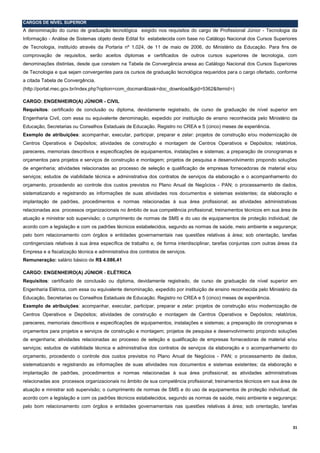 31
CARGOS DE NÍVEL SUPERIOR
A denominação do curso de graduação tecnológica exigido nos requisitos do cargo de Profissional Júnior - Tecnologia da
Informação - Análise de Sistemas objeto deste Edital foi estabelecida com base no Catálogo Nacional dos Cursos Superiores
de Tecnologia, instituído através da Portaria nº 1.024, de 11 de maio de 2006, do Ministério da Educação. Para fins de
comprovação de requisitos, serão aceitos diplomas e certificados de outros cursos superiores de tecnologia, com
denominações distintas, desde que constem na Tabela de Convergência anexa ao Catálogo Nacional dos Cursos Superiores
de Tecnologia e que sejam convergentes para os cursos de graduação tecnológica requeridos para o cargo ofertado, conforme
a citada Tabela de Convergência.
(http://portal.mec.gov.br/index.php?option=com_docman&task=doc_download&gid=5362&Itemid=)
CARGO: ENGENHEIRO(A) JÚNIOR - CIVIL
Requisitos: certificado de conclusão ou diploma, devidamente registrado, de curso de graduação de nível superior em
Engenharia Civil, com essa ou equivalente denominação, expedido por instituição de ensino reconhecida pelo Ministério da
Educação, Secretarias ou Conselhos Estaduais de Educação. Registro no CREA e 5 (cinco) meses de experiência.
Exemplo de atribuições: acompanhar, executar, participar, preparar e zelar: projetos de construção e/ou modernização de
Centros Operativos e Depósitos; atividades de construção e montagem de Centros Operativos e Depósitos; relatórios,
pareceres, memoriais descritivos e especificações de equipamentos, instalações e sistemas; a preparação de cronogramas e
orçamentos para projetos e serviços de construção e montagem; projetos de pesquisa e desenvolvimento propondo soluções
de engenharia; atividades relacionadas ao processo de seleção e qualificação de empresas fornecedoras de material e/ou
serviços; estudos de viabilidade técnica e administrativa dos contratos de serviços da elaboração e o acompanhamento do
orçamento, procedendo ao controle dos custos previstos no Plano Anual de Negócios - PAN; o processamento de dados,
sistematizando e registrando as informações de suas atividades nos documentos e sistemas existentes; da elaboração e
implantação de padrões, procedimentos e normas relacionadas à sua área profissional; as atividades administrativas
relacionadas aos processos organizacionais no âmbito de sua competência profissional; treinamentos técnicos em sua área de
atuação e ministrar sob supervisão; o cumprimento de normas de SMS e do uso de equipamentos de proteção individual; de
acordo com a legislação e com os padrões técnicos estabelecidos, segundo as normas de saúde, meio ambiente e segurança;
pelo bom relacionamento com órgãos e entidades governamentais nas questões relativas à área; sob orientação, tarefas
contingenciais relativas à sua área específica de trabalho e, de forma interdisciplinar, tarefas conjuntas com outras áreas da
Empresa e a fiscalização técnica e administrativa dos contratos de serviços.
Remuneração: salário básico de R$ 4.086,41
CARGO: ENGENHEIRO(A) JÚNIOR - ELÉTRICA
Requisitos: certificado de conclusão ou diploma, devidamente registrado, de curso de graduação de nível superior em
Engenharia Elétrica, com essa ou equivalente denominação, expedido por instituição de ensino reconhecida pelo Ministério da
Educação, Secretarias ou Conselhos Estaduais de Educação. Registro no CREA e 5 (cinco) meses de experiência.
Exemplo de atribuições: acompanhar, executar, participar, preparar e zelar: projetos de construção e/ou modernização de
Centros Operativos e Depósitos; atividades de construção e montagem de Centros Operativos e Depósitos; relatórios,
pareceres, memoriais descritivos e especificações de equipamentos, instalações e sistemas; a preparação de cronogramas e
orçamentos para projetos e serviços de construção e montagem; projetos de pesquisa e desenvolvimento propondo soluções
de engenharia; atividades relacionadas ao processo de seleção e qualificação de empresas fornecedoras de material e/ou
serviços; estudos de viabilidade técnica e administrativa dos contratos de serviços da elaboração e o acompanhamento do
orçamento, procedendo o controle dos custos previstos no Plano Anual de Negócios - PAN; o processamento de dados,
sistematizando e registrando as informações de suas atividades nos documentos e sistemas existentes; da elaboração e
implantação de padrões, procedimentos e normas relacionadas à sua área profissional; as atividades administrativas
relacionadas aos processos organizacionais no âmbito de sua competência profissional; treinamentos técnicos em sua área de
atuação e ministrar sob supervisão; o cumprimento de normas de SMS e do uso de equipamentos de proteção individual; de
acordo com a legislação e com os padrões técnicos estabelecidos, segundo as normas de saúde, meio ambiente e segurança;
pelo bom relacionamento com órgãos e entidades governamentais nas questões relativas à área; sob orientação, tarefas
 