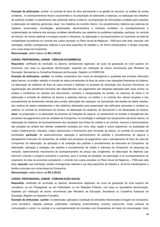 36
Exemplo de atribuições: auxiliar: no controle de bens do ativo permanente e na gestão de recursos; na análise de contas
contábeis; no acompanhamento fiscal e orçamentário e na preparação de balancetes e balanços; na realização dos trabalhos
de auditoria contábil; no atendimento das auditorias interna e externa; na preparação de informações contábeis para subsidiar
a elaboração de relatórios gerenciais; atuar: nos trabalhos de controle interno; nos procedimentos relativos aos sistemas de
registros, escrituração, conciliações, apropriações, demonstrativos e controles contábeis; no acompanhamento e
implementação de melhoria dos serviços contábeis identificados nos relatórios de auditorias realizadas; participar: do controle
de tributos; de rotinas relativas a encargos sociais e tributários; na elaboração e acompanhamento do orçamento da área de
contabilidade procedendo ao controle dos custos previstos no Plano Anual de Negócios - PAN para esta área; executar: sob
orientação, tarefas contingenciais relativas à sua área específica de trabalho e, de forma interdisciplinar e tarefas conjuntas
com outras áreas da Companhia.
Remuneração: salário básico de R$ 3.353,63
CARGO: PROFISSIONAL JÚNIOR - CIÊNCIAS ECONÔMICAS
Requisitos: certificado de conclusão ou diploma, devidamente registrado, de curso de graduação de nível superior em
Economia, com essa ou equivalente denominação, expedido por instituição de ensino reconhecida pelo Ministério da
Educação, Secretarias ou Conselhos Estaduais de Educação. Registro no CORECON.
Exemplo de atribuições: auxiliar: na análise comparativa dos níveis de abrangência e qualidade dos produtos oferecidos
pelos bancos; na análise, seleção e inclusão de dados provenientes do fluxo de caixa e das operações financeiras do sistema;
na elaboração de relatórios de fluxo de caixa previsto e realizado no processo de otimização dos recursos financeiros; na
regularização das pendências bancárias das dependências; nos pagamentos das despesas efetuadas pelo caixa central; na
análise e conferência de cálculos dos documentos, contratos e renegociações de dívidas; na cobrança de títulos e na
elaboração e emissão de relatórios de bancos e sistemas internos; na análise e no controle dos valores lançados e dos
procedimentos de fechamento mensal para correta valorização dos estoques; na manutenção das tabelas de dados mestres,
dos critérios de rateios estabelecidos e dos relatórios elaborados para preservação das definições aprovadas e contidas no
sistema; no controle do recolhimento de tributos; na elaboração de relatórios, de documentos e de declarações de tributos;
atuar: na preparação e na elaboração do processo de licitações de seguros; no saneamento de dúvidas e divergências dos
processos de pagamentos junto às unidades da Companhia; na conciliação e validação dos lançamentos bancários diários; na
elaboração de relatórios de acompanhamento dos resultados dos limites de créditos e de controle, resumos e demonstrativos
das posições da carteira dos clientes, analisando exceções por zona, área, região e outros segmentos; na atualização de
custos (matéria-prima, impostos, custos operacionais e financeiros) para formação de preços; no controle do processo de
bonificação; participar: do desenvolvimento, aplicação e aprimoramento de padrões e procedimentos de seguros e
planejamento financeiro da Companhia; da análise dos processos de pagamentos para o planejamento de fluxo de caixa da
Companhia; da elaboração, da aplicação e da avaliação dos padrões e procedimentos de tesouraria da Companhia; da
elaboração, aplicação e avaliação dos padrões e procedimentos de crédito e cobrança da Companhia; de pesquisas de
mercado, desenvolvendo mecanismos de acompanhamento de preços das congêneres; da elaboração de relatórios que
informem volumes e margens praticados e previstos, para a tomada de decisões; da elaboração e do acompanhamento do
orçamento da área de economia procedendo o controle dos custos previstos no Plano Anual de Negócios – PAN para esta
área; executar: sob orientação, tarefas contingenciais relativas à sua área específica de trabalho e, de forma interdisciplinar e
tarefas conjuntas com outras áreas da Companhia.
Remuneração: salário básico de R$ 3.353,63
CARGO: PROFISSIONAL JÚNIOR - COMUNICAÇÃO SOCIAL
Requisitos: certificado de conclusão ou diploma, devidamente registrado, de curso de graduação de nível superior em
Jornalismo, ou em Propaganda, ou em Publicidade, ou em Relações Públicas, com essa ou equivalente denominação,
expedido por instituição de ensino reconhecida pelo Ministério da Educação, Secretarias ou Conselhos Estaduais de
Educação. Registro no respectivo Conselho.
Exemplo de atribuições: auxiliar: na elaboração, aplicação e avaliação de atividades relacionadas à imagem da Companhia,
como jornalismo, relações públicas, publicidade, marketing, endomarketing, eventos, patrocínios, mídia, políticas de
comunicação e outros; no controle e no acompanhamento de contratos com fornecedores de meios de comunicação, como
 