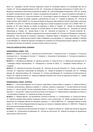 43
Mútuo. 24 - Legislação e Normas Técnicas: Segurança e Saúde na Constituição Federal e na Consolidação das Leis do
Trabalho. 25 - Normas Regulamentadoras de SST. 26 - Convenções da Organização Internacional do Trabalho (OIT). 27 -
Benefícios previdenciários decorrentes de acidentes do trabalho. 28 - Perfil Profissiográfico Previdenciário - PPP. 29 - Acidente
do trabalho: Conceito técnico e legal. 30 - Causas e consequências dos acidentes. 31 - Taxas de Frequência e Gravidade. 32 -
Estatísticas de acidentes. 33 - Custos dos acidentes. 34 - Comunicação e registro de acidentes. 35 - Investigação e análise de
acidentes. 36 - Princípios de análise, avaliação e gerenciamento de riscos. 37 - Inspeção de segurança. 38 - Técnicas de
Análise de Risco: APR e HAZOP. 39 - Princípios de Gestão de Segurança, Meio Ambiente e Saúde: Organização e atribuições
do SESMT e da CIPA. 40 - Sistemas de Gestão de Segurança e Saúde Ocupacional de acordo com a OHSAS 18001. 41 -
Diretrizes da OIT sobre Sistemas de Gestão da Segurança e Saúde no Trabalho. 42 - Noções de Desenvolvimento
Sustentável. 43 - Ações de Saúde: Programa de Controle Médico de Saúde Ocupacional. 44 - Prevenção de Doenças
Relacionadas ao Trabalho. 45 - Suporte Básico à Vida. 46 - Elementos de Ergonomia. 47 - Conforto ambiental. 48 -
Organização do trabalho. 49 - Mobiliário e equipamentos dos postos de trabalho. 50 - Princípios de Planejamento e Resposta a
Emergências: Plano Nacional de Prevenção, Preparação e Resposta Rápida a Emergências Ambientais com Produtos
Químicos Perigosos - P2R2 (Decreto Federal nº 9605 e 5.098/2004 e suas alterações). 51 - Resolução CONAMA nº 398/2008
e suas alterações. 52 - Noções de resposta à contingência em acidentes com hidrocarbonetos líquidos e gasosos. 53 - Noções
de Sistema de Comando de Incidentes: princípios, funções, estrutura e recursos.
PARA OS CARGOS DE NÍVEL SUPERIOR
ENGENHEIRO(A) JÚNIOR - CIVIL
BLOCO 1: 1 - Análise de Estruturas. 2 - Estruturas de Concreto Armado. 3 - Estruturas de Aço. 4 - Fundações. 5 - Técnicas de
Construção Civil. 6 - Tecnologia do Concreto. 7 - Hidráulica. 8 - Arruamento e Pavimentação. 9 - Princípios de Arquitetura e
Urbanismo. 10 - Terraplanagem.
BLOCO 2: 11 - Resistência dos Materiais. 12 - Mecânica dos Solos. 13 - Obras de Terra. 14 - Materiais de Construção Civil. 15
- Instalações Prediais Hidrossanitárias. 16 - Planejamento e Controle de Obras. 17 - Instalações Prediais Elétricas. 18 -
Topografia.
BLOCO 3: 19 - Estruturas de Concreto Pré-moldado. 20 - Estruturas de Concreto Protendido. 21 - Pontes e Obras de Arte
Correntes. 22 - Segurança e Manutenção de Edificações. 23 - Gestão da Qualidade na Construção Civil. 24 - Hidrologia
Aplicada. 25 - Saneamento Básico. 26 - Transportes. 27 - Conforto nas Edificações. 28 - Fundamentos de Gerenciamento de
Projetos. 29 - Noções de AutoCad. 30 - Noções da legislação ambiental e das normas de segurança do trabalho. 31 - Noções
de trabalho em Áreas Classificadas.
ENGENHEIRO(A) JÚNIOR - ELÉTRICA
BLOCO 1: 1 - Teoria Eletromagnética, Lei de Coulomb, carga Elétrica, Campos Elétrico e magnético. 2 - Materiais Elétricos,
Condutores, semicondutores, dielétricos e isolantes. 3 - Indutores, resistores e capacitores. 4 - Circuitos Elétricos de Corrente
Contínua. 5 - Leis de Kirchoff, Circuitos equivalentes Norton e Thevenin. 6 - Circuitos Elétricos monofásicos de Corrente
Alternada. 7 - Circuitos RLC, análise nos domínios do tempo e da frequência. 8 - Potência Elétrica e Operações com fatores. 9
- Circuitos Elétricos Trifásicos. 10 - Geradores de tensão e de corrente.
BLOCO 2: 11 - Medidas elétricas - uso de Wattímetro, Varímetro e Fasímetro. 12 - Transformadores. 13 - Fatores de Potência.
14 - Eletrônica analógica básica (diodos, transistores, tiristores e outros componentes). 15 - Noções de Eletrônica Digital. 16 -
Aterramento em instalações elétricas em atmosferas explosivas. 17 - Norma NBR 5410. 18 - Instalações elétricas de baixa
tensão. 19 - NR-10: Norma Regulamentadora de segurança em serviços e instalações elétricas. 20 - NBR 5419 - Proteção de
Estruturas contra descargas atmosféricas.
BLOCO 3: 21 - Fundamentos de Gerenciamento de Projetos. 22 - Noções de AutoCad. 23 - Noções das normas de segurança
do trabalho. 24 - Conhecimento de seletividade. 25 - Corrente de curto-circuito. 26 - Sistemas de proteção de equipamentos
(fusível diazed, relé térmico etc).
 