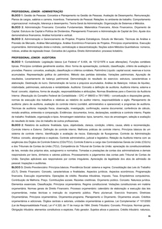 46
PROFISSIONAL JÚNIOR - ADMINISTRAÇÃO
BLOCO 1: Gestão de Pessoas: Conceitos e Planejamento na Gestão de Pessoas. Avaliação de Desempenho. Remuneração.
Planos de cargos, salários e carreira. Incentivos. Treinamento de Pessoal. Relações no ambiente de trabalho. Comportamento
organizacional: motivação, liderança e desempenho. Teoria Geral da Administração. Organização de Sistemas e Métodos.
BLOCO 2: Administração Financeira: Conceitos Fundamentais. Matemática Financeira. Ativos Financeiros. Orçamento de
Capital. Estrutura de Capital e Política de Dividendos. Planejamento Financeiro e Administração de Capital de Giro. Ajuste dos
demonstrativos financeiros. Análise horizontal e vertical.
BLOCO 3: Administração e Gerenciamento de Projetos: Projetos Estratégicos. Estudo de Mercado. Técnicas de Análise e
Previsão de Mercado. Análise Mercadológica. Análise Econômico-Financeira de Projetos. Princípios orçamentários. Execução
orçamentária. Administração direta e indireta, centralização e descentralização. Noções sobre Métodos Quantitativos: números,
índices, análise de regressão linear. Conceitos de Logística. Direito Administrativo: processo licitatório.
PROFISSIONAL JÚNIOR - AUDITORIA
BLOCO 1: Contabilidade: Legislação básica (Lei Federal nº 6.404, de 15/12/1976 e suas alterações). Funções contábeis
típicas. Princípios contábeis geralmente aceitos. Ativo: forma de apresentação, conteúdo, classificação, critério de avaliação e
provisões. Passivo: conceitos, avaliação, classificação e critérios contábeis. Patrimônio Líquido: capital social, reservas e lucros
acumulados. Representação gráfica do patrimônio. Método das partidas dobradas. Variações patrimoniais. Apuração de
resultados. Levantamento do balanço patrimonial. Demonstração do resultado do exercício: estrutura, características e
elaboração. Destinação do lucro. Demonstração de lucros e prejuízos acumulados. Análise de Balanços: índices de liquidez,
rotatividade, patrimoniais, estruturais e rentabilidade. Auditoria: Conceito e definição de auditoria. Auditoria interna, externa e
fiscal: conceito, objetivos, forma de atuação, responsabilidades e atribuições. Normas Brasileiras para o Exercício da Auditoria
Interna: (Resolução do Conselho Federal de Contabilidade - CFC nº 986/03 e 781/1995) - conceituação e disposições gerais,
normas de execução dos trabalhos e relativas ao relatório do auditor interno, responsabilidade e sigilo. Planejamento de
auditoria: plano de auditoria, avaliação do controle interno (contábil, administrativo e operacional) e programas de auditoria.
Técnicas de auditoria: inspeção física, observação, investigação, confirmação, exame documental, conferência de cálculo,
revisão analítica, entrevista e comparação. Evidências: documentos, livros, declarações, existência e controle interno. Papéis
de trabalho: finalidade, organização e tipos. Amostragem estatística: tipos, tamanho, risco de amostragem, seleção e avaliação
do resultado do teste. Uso do trabalho de outros profissionais.
BLOCO 2: Relatório de auditoria: finalidade, tipos, objetividade, clareza, condição, critério, causa, efeito e recomendação.
Controle Interno e Externo: Definição de controle interno. Melhores práticas de controle interno. Princípios básicos de um
sistema de controle interno. Identificação e avaliação de riscos. Elaboração de fluxogramas. Controle da Administração
Pública: conceito, abrangência e espécies. Controle administrativo, judicial e legislativo. Relação da Auditoria Interna com as
exigências dos Órgãos de Controle Externo (CGU/TCU). Controle Externo a cargo das Controladorias Gerais da União (CGU's)
e dos Tribunais de Contas da União (TCU). Competência do Tribunal de Contas da União: apreciação da constitucionalidade
de leis, revisão dos próprios atos, autogoverno e normativa. Tomadas e prestações de contas dos administradores e demais
responsáveis por bens, dinheiros e valores públicos. Processamento e julgamentos das contas pelo Tribunal de Contas da
União. Sanções aplicáveis aos responsáveis por contas irregulares. Apreciação da legalidade dos atos de admissão de
pessoal. Inspeções e auditorias.
BLOCO 3: Direito Previdenciário: Princípios básicos. Previdência Social: sistema e regime. Consolidação das Leis do Trabalho
(CLT). Direito Financeiro: Conceito, características e finalidades. Aspectos jurídicos. Aspectos econômicos. Programação
financeira. Execução orçamentária. Operações de crédito. Receitas tributárias. Imposto. Taxa. Empréstimos compulsórios.
Contribuição de Melhoria. Preço. Contribuições sociais. Receitas creditícias. Orçamento público. Conceito. Natureza jurídica.
Elementos essenciais. Classificação. Princípios orçamentários. Regime constitucional. Vedações constitucionais em matéria
orçamentária. Normas gerais de Direito Financeiro. Processo orçamentário: calendário de elaboração e execução das leis
orçamentárias, metas técnicas e instrução do orçamento público. Plano plurianual. Exercício financeiro. Diretrizes
Orçamentárias. Princípios orçamentários. Orçamentos-programa. Planejamento e Orçamento. Orçamentos anuais. Créditos
orçamentários e adicionais. Órgãos centrais e setoriais, unidades orçamentárias e gestoras. Lei Complementar nº 101/2000
(Lei de Responsabilidade Fiscal). Lei nº 4.320, de 17 de março de 1964. Direito Tributário: Conceito. Princípios. Normas gerais.
Obrigação tributária: elementos constitutivos e espécies. Fato gerador. Sujeitos ativos e passivos. Crédito tributário: natureza,
 
