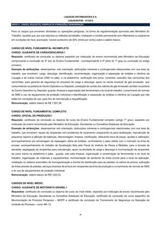 28
LIQUIGÁS DISTRIBUIDORA S.A.
LIQUIGÁS/PSP - 01/2015
ANEXO II - CARGOS, REQUISITOS, EXEMPLOS DE ATRIBUIÇÕES E REMUNERAÇÃO
Para os cargos que envolvem atividades ou operações perigosas, na forma da regulamentação aprovada pelo Ministério do
Trabalho, aquelas que, por sua natureza ou métodos de trabalho, impliquem o contato permanente com inflamáveis ou explosivos
em condições de risco acentuado, haverá acréscimo de 30% (trinta por cento) sobre o salário básico.
CARGO DE NÍVEL FUNDAMENTAL INCOMPLETO
CARGO: AJUDANTE DE CARGA/DESCARGA I
Requisito: certificado de conclusão ou diploma expedido por instituição de ensino reconhecida pelo Ministério da Educação
comprovando a conclusão do 5º ano do Ensino Fundamental - (correspondente à 4ª série do 1º grau ou conclusão do antigo
primário).
Exemplo de atribuições: desempenhar, sob orientação, atribuições rotineiras e contingenciais relacionadas com sua área de
trabalho, que envolvem: carga, descarga, identificação, movimentação, organização e separação de botijões e cilindros da
Liquigás e de outras marcas (OM) no pátio, e na plataforma; verificação dos pinos, correntes, assoalho das carrocerias dos
caminhões, para garantia de segurança do processo de carga e descarga; apoio na venda eventual de gás envasado aos
consumidores na portaria do Centro Operativo ou Depósito; prestação de contas dos valores de gás envasado vendido na portaria
do Centro Operativo ou Depósito; guarda, limpeza e organização das ferramentas e do local de trabalho; cumprimento de normas
de SMS e uso de equipamento de proteção individual e Identificação e separação de botijões e cilindros da Liquigás que não
estão em condições de uso, para fins de manutenção e requalificação.
Remuneração: salário básico de R$ 1.057,36.
CARGO DE NÍVEL FUNDAMENTAL COMPLETO
CARGO: OFICIAL DE PRODUÇÃO I
Requisito: certificado de conclusão ou diploma de curso de Ensino Fundamental completo (antigo 1º grau), expedido por
instituição de ensino reconhecida pelo Ministério da Educação, Secretarias ou Conselhos Estaduais de Educação.
Exemplo de atribuições: desempenhar sob orientação, atribuições rotineiras e contingenciais relacionadas com sua área de
trabalho, que envolvem: reparo de recipientes com problemas de vazamento, preparando-os para reutilização; manutenção de
pequenos reparos e aferição de balanças, desmontagem, limpeza, lubrificação, efetuando troca de peças, ajustes e calibração;
acompanhamento por amostragem da repesagem diária de botijões, confrontando o peso obtido com o marcado na linha de
envase; acompanhamento do trabalho de fiscalização feita pelo Fiscal do Instituto de Pesos e Medidas, para a tomada de
decisões; segregação de recipientes para manutenção; apoio na atividade de carga e descarga e movimentação de recipientes
de outra marca na plataforma e pátio; guarda, zelo pela limpeza, organização e conservação de ferramentas e do local de
trabalho; organização de materiais e equipamentos; movimentação de tambores de tintas pronta para o local da aplicação,
instalação no sistema automático de homogeneização e bomba de distribuição para as pistolas na cabine de pintura; aplicação
de tintas através de pistolas; serviços diversos de pintura em recipientes da linha de produção e cumprimento de normas de SMS
e do uso de equipamentos de proteção individual.
Remuneração: salário básico de R$1.353,53.
CARGOS DE NÍVEL MÉDIO
CARGO: AJUDANTE DE MOTORISTA GRANEL I
Requisitos: certificado de conclusão ou diploma de curso de nível médio, expedido por instituição de ensino reconhecida pelo
Ministério da Educação, Secretarias ou Conselhos Estaduais de Educação; certificado de conclusão de curso específico de
Movimentação de Produtos Perigosos – MOPP e certificado de conclusão de Treinamento de Segurança na Operação de
Unidade de Processo - curso NR-13.
 