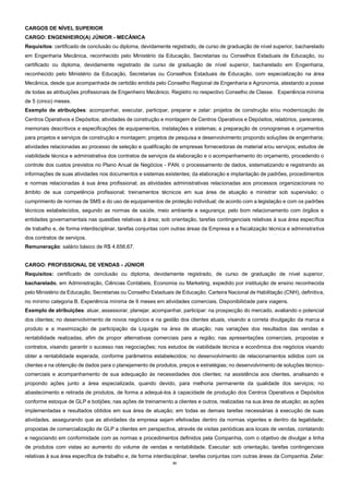 33
CARGOS DE NÍVEL SUPERIOR
CARGO: ENGENHEIRO(A) JÚNIOR - MECÂNICA
Requisitos: certificado de conclusão ou diploma, devidamente registrado, de curso de graduação de nível superior, bacharelado
em Engenharia Mecânica, reconhecido pelo Ministério da Educação, Secretarias ou Conselhos Estaduais de Educação, ou
certificado ou diploma, devidamente registrado de curso de graduação de nível superior, bacharelado em Engenharia,
reconhecido pelo Ministério da Educação, Secretarias ou Conselhos Estaduais de Educação, com especialização na área
Mecânica, desde que acompanhada de certidão emitida pelo Conselho Regional de Engenharia e Agronomia, atestando a posse
de todas as atribuições profissionais de Engenheiro Mecânico. Registro no respectivo Conselho de Classe. Experiência mínima
de 5 (cinco) meses.
Exemplo de atribuições: acompanhar, executar, participar, preparar e zelar: projetos de construção e/ou modernização de
Centros Operativos e Depósitos; atividades de construção e montagem de Centros Operativos e Depósitos; relatórios, pareceres,
memoriais descritivos e especificações de equipamentos, instalações e sistemas; a preparação de cronogramas e orçamentos
para projetos e serviços de construção e montagem; projetos de pesquisa e desenvolvimento propondo soluções de engenharia;
atividades relacionadas ao processo de seleção e qualificação de empresas fornecedoras de material e/ou serviços; estudos de
viabilidade técnica e administrativa dos contratos de serviços da elaboração e o acompanhamento do orçamento, procedendo o
controle dos custos previstos no Plano Anual de Negócios - PAN; o processamento de dados, sistematizando e registrando as
informações de suas atividades nos documentos e sistemas existentes; da elaboração e implantação de padrões, procedimentos
e normas relacionadas à sua área profissional; as atividades administrativas relacionadas aos processos organizacionais no
âmbito de sua competência profissional; treinamentos técnicos em sua área de atuação e ministrar sob supervisão; o
cumprimento de normas de SMS e do uso de equipamentos de proteção individual; de acordo com a legislação e com os padrões
técnicos estabelecidos, segundo as normas de saúde, meio ambiente e segurança; pelo bom relacionamento com órgãos e
entidades governamentais nas questões relativas à área; sob orientação, tarefas contingenciais relativas à sua área específica
de trabalho e, de forma interdisciplinar, tarefas conjuntas com outras áreas da Empresa e a fiscalização técnica e administrativa
dos contratos de serviços.
Remuneração: salário básico de R$ 4.656,67.
CARGO: PROFISSIONAL DE VENDAS - JÚNIOR
Requisitos: certificado de conclusão ou diploma, devidamente registrado, de curso de graduação de nível superior,
bacharelado, em Administração, Ciências Contábeis, Economia ou Marketing, expedido por instituição de ensino reconhecida
pelo Ministério da Educação, Secretarias ou Conselho Estaduais de Educação. Carteira Nacional de Habilitação (CNH), definitiva,
no mínimo categoria B. Experiência mínima de 6 meses em atividades comerciais. Disponibilidade para viagens.
Exemplo de atribuições: atuar, assessorar, planejar, acompanhar, participar: na prospecção do mercado, avaliando o potencial
dos clientes; no desenvolvimento de novos negócios e na gestão dos clientes atuais, visando a correta divulgação da marca e
produto e a maximização de participação da Liquigás na área de atuação; nas variações dos resultados das vendas e
rentabilidade realizadas, afim de propor alternativas comerciais para a região; nas apresentações comerciais, propostas e
contratos, visando garantir o sucesso nas negociações; nos estudos de viabilidade técnica e econômica dos negócios visando
obter a rentabilidade esperada, conforme parâmetros estabelecidos; no desenvolvimento de relacionamentos sólidos com os
clientes e na obtenção de dados para o planejamento de produtos, preços e estratégias; no desenvolvimento de soluções técnico-
comerciais e acompanhamento de sua adequação às necessidades dos clientes; na assistência aos clientes, analisando e
propondo ações junto a área especializada, quando devido, para melhoria permanente da qualidade dos serviços; no
abastecimento e retirada de produtos, de forma a adequá-los à capacidade de produção dos Centros Operativos e Depósitos
conforme estoque de GLP e botijões; nas ações de treinamento a clientes e outros, realizadas na sua área de atuação; as ações
implementadas e resultados obtidos em sua área de atuação; em todas as demais tarefas necessárias à execução de suas
atividades, assegurando que as atividades da empresa sejam efetivadas dentro da normas vigentes e dentro da legalidade;
propostas de comercialização de GLP a clientes em perspectiva, através de visitas periódicas aos locais de vendas, contatando
e negociando em conformidade com as normas e procedimentos definidos pela Companhia, com o objetivo de divulgar a linha
de produtos com vistas ao aumento do volume de vendas e rentabilidade. Executar: sob orientação, tarefas contingenciais
relativas à sua área específica de trabalho e, de forma interdisciplinar, tarefas conjuntas com outras áreas da Companhia. Zelar:
 