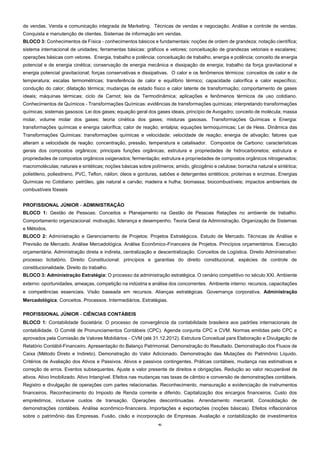 41
de vendas. Venda e comunicação integrada de Marketing. Técnicas de vendas e negociação. Análise e controle de vendas.
Conquista e manutenção de clientes. Sistemas de informação em vendas.
BLOCO 3: Conhecimentos de Física - conhecimentos básicos e fundamentais: noções de ordem de grandeza; notação científica;
sistema internacional de unidades; ferramentas básicas: gráficos e vetores; conceituação de grandezas vetoriais e escalares;
operações básicas com vetores. Energia, trabalho e potência: conceituação de trabalho, energia e potência; conceito de energia
potencial e de energia cinética; conservação de energia mecânica e dissipação de energia; trabalho da força gravitacional e
energia potencial gravitacional; forças conservativas e dissipativas. O calor e os fenômenos térmicos: conceitos de calor e de
temperatura; escalas termométricas; transferência de calor e equilíbrio térmico; capacidade calorífica e calor específico;
condução do calor; dilatação térmica; mudanças de estado físico e calor latente de transformação; comportamento de gases
ideais; máquinas térmicas; ciclo de Carnot; leis da Termodinâmica; aplicações e fenômenos térmicos de uso cotidiano.
Conhecimentos de Químicos - Transformações Químicas: evidências de transformações químicas; interpretando transformações
químicas; sistemas gasosos: Lei dos gases; equação geral dos gases ideais, princípio de Avogadro; conceito de molécula; massa
molar, volume molar dos gases; teoria cinética dos gases; misturas gasosas. Transformações Químicas e Energia:
transformações químicas e energia calorífica; calor de reação; entalpia; equações termoquímicas; Lei de Hess. Dinâmica das
Transformações Químicas: transformações químicas e velocidade; velocidade de reação; energia de ativação; fatores que
alteram a velocidade de reação: concentração, pressão, temperatura e catalisador. Compostos de Carbono: características
gerais dos compostos orgânicos; principais funções orgânicas; estrutura e propriedades de hidrocarbonetos; estrutura e
propriedades de compostos orgânicos oxigenados; fermentação; estrutura e propriedades de compostos orgânicos nitrogenados;
macromoléculas; naturais e sintéticas; noções básicas sobre polímeros; amido, glicogênio e celulose; borracha natural e sintética;
polietileno, poliestireno, PVC, Teflon, náilon; óleos e gorduras, sabões e detergentes sintéticos; proteínas e enzimas. Energias
Químicas no Cotidiano: petróleo, gás natural e carvão; madeira e hulha; biomassa; biocombustíveis; impactos ambientais de
combustíveis fósseis
PROFISSIONAL JÚNIOR - ADMINISTRAÇÃO
BLOCO 1: Gestão de Pessoas: Conceitos e Planejamento na Gestão de Pessoas Relações no ambiente de trabalho.
Comportamento organizacional: motivação, liderança e desempenho. Teoria Geral da Administração. Organização de Sistemas
e Métodos.
BLOCO 2: Administração e Gerenciamento de Projetos: Projetos Estratégicos. Estudo de Mercado. Técnicas de Análise e
Previsão de Mercado. Análise Mercadológica. Análise Econômico-Financeira de Projetos. Princípios orçamentários. Execução
orçamentária. Administração direta e indireta, centralização e descentralização. Conceitos de Logística. Direito Administrativo:
processo licitatório. Direito Constitucional: princípios e garantias do direito constitucional, espécies de controle de
constitucionalidade. Direito do trabalho.
BLOCO 3: Administração Estratégia: O processo da administração estratégica. O cenário competitivo no século XXI. Ambiente
externo: oportunidades, ameaças, competição na indústria e análise dos concorrentes. Ambiente interno: recursos, capacitações
e competências essenciais. Visão baseada em recursos. Alianças estratégicas. Governança corporativa. Administração
Mercadológica; Conceitos. Processos. Intermediários. Estratégias.
PROFISSIONAL JÚNIOR - CIÊNCIAS CONTÁBEIS
BLOCO 1: Contabilidade Societária: O processo de convergência da contabilidade brasileira aos padrões internacionais de
contabilidade. O Comitê de Pronunciamentos Contábeis (CPC). Agenda conjunta CPC e CVM. Normas emitidas pelo CPC e
aprovados pela Comissão de Valores Mobiliários - CVM (até 31.12.2012). Estrutura Conceitual para Elaboração e Divulgação de
Relatório Contábil-Financeiro. Apresentação do Balanço Patrimonial. Demonstração do Resultado. Demonstração dos Fluxos de
Caixa (Método Direto e Indireto). Demonstração do Valor Adicionado. Demonstração das Mutações do Patrimônio Líquido.
Critérios de Avaliação dos Ativos e Passivos. Ativos e passivos contingentes. Práticas contábeis, mudança nas estimativas e
correção de erros. Eventos subsequentes. Ajuste a valor presente de direitos e obrigações. Redução ao valor recuperável de
ativos. Ativo Imobilizado. Ativo Intangível. Efeitos nas mudanças nas taxas de câmbio e conversão de demonstrações contábeis.
Registro e divulgação de operações com partes relacionadas. Reconhecimento, mensuração e evidenciação de instrumentos
financeiros. Reconhecimento do Imposto de Renda corrente e diferido. Capitalização dos encargos financeiros. Custo dos
empréstimos, inclusive custos de transação. Operações descontinuadas. Arrendamento mercantil. Consolidação de
demonstrações contábeis. Análise econômico-financeira. Importações e exportações (noções básicas). Efeitos inflacionários
sobre o patrimônio das Empresas. Fusão, cisão e incorporação de Empresas. Avaliação e contabilização de investimentos
 