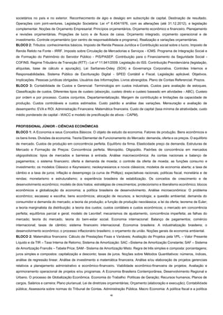 42
societários no país e no exterior. Reconhecimento de ágio e deságio em subscrição de capital. Destinação de resultado.
Operações com joint-ventures. Legislação Societária: Lei nº 6.404/1976, com as alterações (até 31.12.2012), e legislação
complementar. Noções de Orçamento Empresarial: Princípios orçamentários. Orçamento econômico e financeiro. Planejamento
e revisões orçamentárias. Projeções de lucro e de fluxos de caixa. Orçamento integrado, orçamento operacional e de
investimento. Controle orçamentário (por centro de responsabilidade e programa). Realização e variações orçamentárias.
BLOCO 2: Tributos: conhecimentos básicos. Imposto de Renda Pessoa Jurídica e Contribuição social sobre o lucro. Imposto de
Renda Retido na Fonte - IRRF. Imposto sobre Circulação de Mercadorias e Serviços - ICMS. Programa de Integração Social e
de Formação do Patrimônio do Servidor Público - PIS/PASEP. Contribuição para o Financiamento da Seguridade Social -
COFINS. Regime Tributário de Transição (RTT) - Lei nº 11.941/2009. Legislação do ISS. Contribuição Previdenciária (legislação,
alíquotas, base de cálculo e apuração). Lei Sarbanes-Oxley (SOX) e Governança Corporativa. Controles Internos e
Responsabilidades. Sistema Público de Escrituração Digital - SPED Contábil e Fiscal. Legislação aplicável. Objetivos.
Implicações. Pessoas jurídicas obrigadas. Usuários das Informações. Livros abrangidos. Plano de Contas Referencial. Prazos.
BLOCO 3: Contabilidade de Custos e Gerencial: Terminologia em custos industriais. Custos para avaliação de estoques.
Classificação de custos. Diferentes tipos de custeio (absorção, custeio direto e custeio baseado em atividades - ABC). Custeio
por ordem e por processo. Custos conjuntos. Departamentalização. Margem de contribuição e limitações da capacidade de
produção. Custos controláveis e custos estimados. Custo padrão e análise das variações. Mensuração e avaliação de
desempenho: EVA e ROI. Administração Financeira: Matemática financeira. Custo de capital (taxa mínima de atratividade, custo
médio ponderado de capital - WACC e modelo de precificação de ativos - CAPM).
PROFISSIONAL JÚNIOR - CIÊNCIAS ECONÔMICAS
BLOCO 1: A Economia e seus Conceitos Básicos: O objeto de estudo da economia. Fatores de produção. Bens econômicos e
os bens livres. Divisões da economia. Teoria Elementar de Funcionamento do Mercado: demanda, oferta e os preços. O equilíbrio
de mercado. Custos de produção em concorrência perfeita. Equilíbrio da firma. Elasticidade preço da demanda. Estruturas de
Mercado e Formação de Preços: Concorrência perfeita. Monopólio. Oligopólio. Padrões de concorrência em mercados
oligopolísticos: tipos de mercados e barreiras à entrada. Análise macroeconômica: As contas nacionais e balanço de
pagamentos; o sistema financeiro; oferta e demanda de moeda; o controle da oferta de moeda; as funções consumo e
investimento; os modelos Clássico e Keynesiano; neokeynesianos e novos clássicos; modelos de economia aberta; a taxa de
câmbio e a taxa de juros; inflação e desemprego (a curva de Phillips); expectativas racionais; políticas fiscal, monetária e de
rendas; monetarismo e estruturalismo; a experiência brasileira de estabilização. Os conceitos de crescimento e de
desenvolvimento econômico; modelo de dois hiatos: estratégias de crescimentos; protecionismo e liberalismo econômico; blocos
econômicos e globalização da economia; a política brasileira de desenvolvimento. Análise microeconômica: O problema
econômico; escassez e escolha; bens econômicos; alocação de recursos; a tecnologia; a questão ambiental; demanda do
consumidor e demanda do mercado; a teoria da produção; a função de produção neoclássica; a lei da oferta; teorema de Euler;
a teoria marginalista da distribuição; a teoria dos custos; custos contábeis e custos econômicos; o mercado em concorrência
perfeita; equilíbrios parcial e geral; modelo de Leontief; mecanismos de ajustamento, concorrência imperfeita; as falhas do
mercado; teoria do mercado; teoria do bem-estar social. Economia internacional: Balanço de pagamentos; comércio
internacional; taxas de câmbio; sistema financeiro internacional. Economia brasileira: A industrialização brasileira; o
desenvolvimento econômico; o processo inflacionário brasileiro; o orçamento da união. Noções gerais de economia ambiental.
BLOCO 2: Matemática financeira: Cálculo de Prestações Fixas e Variáveis; Avaliação de Projetos pela VPL – Valor Presente
Líquido e da TIR – Taxa Interna de Retorno; Sistema de Amortização: SAC –Sistema de Amortização Constante; SAF – Sistema
de Amortização Francês – Tabela Price; SAM - Sistema de Amortização Misto. Regra de três simples e composta: porcentagens;
juros simples e compostos: capitalização e desconto; taxas de juros. Noções sobre Métodos Quantitativos: números, índices,
análise de regressão linear. Análise de investimento e matemática financeira. Análise e/ou elaboração de projetos gerenciais
relativos a planejamento administrativo e econômico-financeiro. Viabilidade econômico-financeira de projetos; Avaliação e
aprimoramento operacional de projetos e/ou programas. A Economia Brasileira Contemporânea, Desenvolvimento Regional e
Urbano. O processo de Globalização Econômica. Economia do Trabalho: Políticas de Geração; Recursos humanos; Planos de
cargos. Salários e carreira; Plano plurianual; Lei de diretrizes orçamentárias; Orçamento (elaboração e execução); Contabilidade
pública; Assessoria sobre normas do Tribunal de Contas. Administração Pública. Macro Economia: A política fiscal e a política
 
