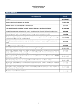 47
LIQUIGÁS DISTRIBUIDORA S.A.
LIQUIGÁS/PSP - 01/2015
ANEXO IV - CRONOGRAMA
EVENTOS BÁSICOS DATAS
Inscrições. 15/07 a 10/08/2015
Solicitação de inscrição com isenção do valor da mesma. 15 a 22/07/2015
Resultado preliminar dos pedidos de isenção do valor de inscrição. 29/07/2015
Prazo para recurso dos(as) candidatos(as) que tiveram a solicitação de isenção do valor de inscrição indeferida. 29 e 30/07/2015
Divulgação da relação dos(as) candidatos(as) que tiveram a solicitação de isenção do valor de inscrição deferida, após recurso. 05/08/2015
Obtenção impressa do Cartão de Confirmação de Inscrição no endereço eletrônico (www.cesgranrio.org.br). 16/09/2015
Atendimento aos(às) candidatos(as) com dúvidas sobre os locais de provas, cargo/polo de trabalho ou cargo/localidade, vagas
reservadas ou condição especial para realização de provas.
16 a 18/09/2015
Aplicação das provas objetivas para todos os cargos e da prova discursiva exclusivamente para o cargo de Profissional Júnior -
Direito.
20/09/2015
Divulgação dos gabaritos das provas objetivas. 21/09/2015
Interposição de eventuais recursos quanto às questões formuladas e/ou gabaritos divulgados. 21 e 22/09/2015
Divulgação dos resultados das notas das provas objetivas para todos os cargos, das notas da prova discursiva exclusivamente para
o cargo de Profissional Júnior - Direito e convocação para o Exame de Capacitação Física exclusivamente para os cargos de
Ajudante de Carga/Descarga I e de Oficial de Produção I.
22/10/2015
Vista e pedidos de revisão das notas da prova discursiva para o cargo de Profissional Júnior - Direito no site da FUNDAÇÃO
CESGRANRIO (www.cesgranrio.org.br).
22 e 23/10/2015
Exame de Capacitação Física apenas para os cargos de Ajudante de Carga/Descarga I e de Oficial de Produção I. 07 e 08/11/2015
Divulgação dos resultados do Exame de Capacitação Física apenas para os cargos de Ajudante de Carga/Descarga I e de Oficial
de Produção I.
17/11/2015
Interposição de eventuais pedidos de revisão do resultado do Exame de Capacitação Física apenas para os cargos de Ajudante de
Carga/Descarga I e de Oficial de Produção I.
17 e 18/11/2015
Divulgação e homologação dos resultados finais 1º/12/2015
 
