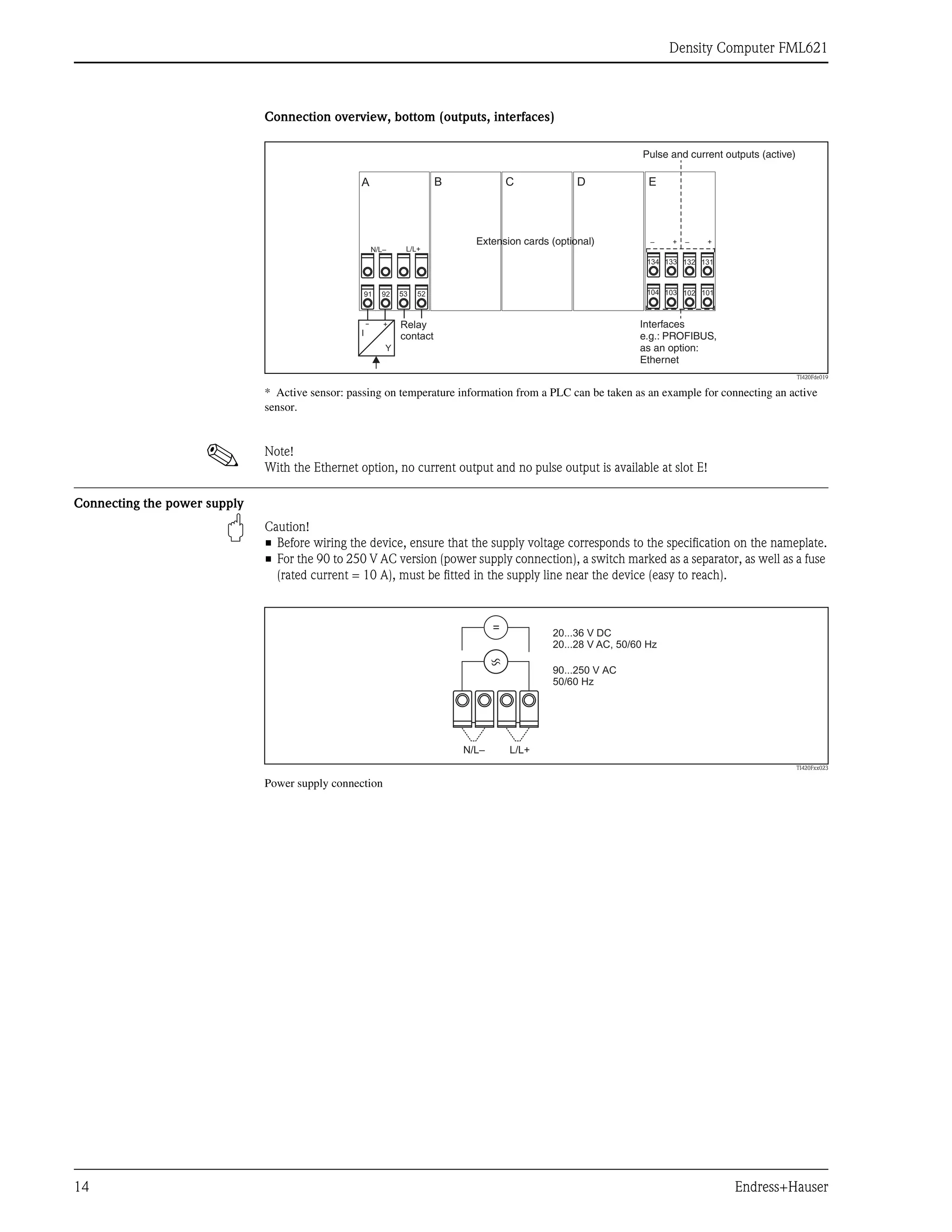 Density Computer FML621
14 Endress+Hauser
Connection overview, bottom (outputs, interfaces)
TI420Fde019
* Active sensor: passing on temperature information from a PLC can be taken as an example for connecting an active
sensor.
! Note!
With the Ethernet option, no current output and no pulse output is available at slot E!
Connecting the power supply
" Caution!
• Before wiring the device, ensure that the supply voltage corresponds to the specification on the nameplate.
• For the 90 to 250 V AC version (power supply connection), a switch marked as a separator, as well as a fuse
(rated current = 10 A), must be fitted in the supply line near the device (easy to reach).
TI420Fxx023
Power supply connection
103
104 102 101
133
A E
134
– + – +
132 131
B C D
92
91 53 52
N/L– L/L+
+
-
Y
I
Relay
contact
Extension cards (optional)
Pulse and current outputs (active)
Interfaces
e.g.: PROFIBUS,
as an option:
Ethernet
20...36 V DC
20...28 V AC, 50/60 Hz
90...250 V AC
50/60 Hz
N/L– L/L+
=
 