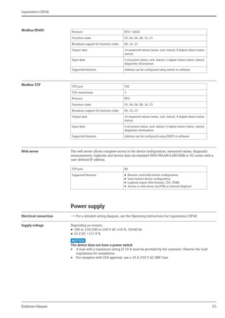 Liquistation CSF48
Endress+Hauser 25
Modbus RS485
Modbus TCP
Web server The web server allows complete access to the device configuration, measured values, diagnostic
measurements, logbooks and service data via standard WiFi/WLAN/LAN/GSM or 3G router with a
user-defined IP address.
Power supply
Electrical connection --> For a detailed wiring diagram, see the Operating Instructions for Liquistation CSF48
Supply voltage Depending on version:
• 100 to 120/200 to 240 V AC ±10 %, 50/60 Hz
• 24 V DC +15/-9 %
NOTICE
The device does not have a power switch
‣ A fuse with a maximum rating of 10 A must be provided by the customer. Observe the local
regulations for installation.
‣ For samplers with CSA approval, use a 10 A 250 V AC HBC fuse.
Protocol RTU / ASCII
Function codes 03, 04, 06, 08, 16, 23
Broadcast support for function codes 06, 16, 23
Output data 16 measured values (value, unit, status), 8 digital values (value,
status)
Input data 4 set points (value, unit, status), 4 digital values (value, status),
diagnostic information
Supported features Address can be configured using switch or software
TCP port 502
TCP connections 3
Protocol RTU
Function codes 03, 04, 06, 08, 16, 23
Broadcast support for function codes 06, 16, 23
Output data 16 measured values (value, unit, status), 8 digital values (value,
status)
Input data 4 set points (value, unit, status), 6 digital values (value, status),
diagnostic information
Supported features Address can be configured using DHCP or software
TCP port 80
Supported features • Remote-controlled device configuration
• Save/restore device configuration
• Logbook export (file formats: CSV, FDM)
• Access to web server via DTM or Internet Explorer
 