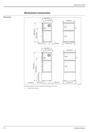 Liquistation CSF48
32 Endress+Hauser
Mechanical construction
Dimensions
a0013080
Dimensions of plastic version of Liquistation CSF48 without/with stand
A Suction line connection
 