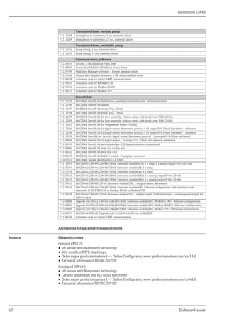 Liquistation CSF48
40 Endress+Hauser
Accessories for parameter measurements
Sensors Glass electrodes
Orbisint CPS11D
• pH sensor with Memosens technology
• Dirt-repellent PTFE diaphragm
• Order as per product structure (--> Online Configurator, www.products.endress.com/cps11d)
• Technical Information TI028C/07/EN
Ceraliquid CPS41D
• pH sensor with Memosens technology
• Ceramic diaphragm and KCl liquid electrolyte
• Order as per product structure (--> Online Configurator, www.products.endress.com/cps41d)
• Technical Information TI079C/07/EN
Terminated hose; vacuum pump
71111188 Dosing hose to distributor, 2 pcs, material: silicon
71111189 Dosing hose to distributor, 25 pcs, material: silicon
Terminated hose; peristaltic pump
71111191 Pump tubing, 2 pcs; material: silicon
71111192 Pump tubing, 25 pcs; material: silicon
Communication; software
71110815 SD card, 1 GB, Industrial Flash Drive
51516983 Commubox FXA291 + FieldCare Device Setup
71129799 Field Data Manager software; 1 license, analysis report
71127100 SD card with Liquiline firmware, 1 GB, industrial flash drive
71128428 Activation code for digital HART communication
71135635 Activation code for PROFIBUS DP
71135636 Activation code for Modbus RS485
71135637 Activation code for Modbus TCP
Retrofit kits
71111195 Kit CSF48: Retrofit kit distribution assembly (distribution arm, distribution drive)
71111196 Kit CSF48: Retrofit kit casters
71111197 Kit CSF48: Retrofit kit stand, V2A; 304(x)
71111198 Kit CSF48: Retrofit kit stand, V4A; 316(x)
71111199 Kit CSF48: Retrofit kit for flow assembly, without stand, with stand cover V2A; 304(x)
71111200 Kit CSF48: Retrofit kit for flow assembly, without stand, with stand cover V4A; 316(x)
71111205 Kit CSF48: Retrofit kit for temperature sensor PT1000
71111206 Kit CSF48: Retrofit kit 1x digital sensor, Memosens protocol + 2x output 0/4-20mA (hardware + software)
71111208 Kit CSF48: Retrofit kit 2x digital sensor, Memosens protocol + 2x output 0/4-20mA (hardware + software)
71111210 Kit CSF48: Retrofkit kit 1x to 2x digital sensor, Memosens protocol + 2x output 0/4-20mA (software)
71146969 Kit CSF48: Retrofit kit 2x digital sensor + 2x output 0/4-20mA and extension backplane
71136999 Kit CSF48: Retrofit kit service interface (CDI flange connector, counter nut)
71136885 Kit CSF48: Retrofit kit relay (2x + cable set)
71136101 Kit CSF48: Retrofit kit door stop (2x)
71184459 Kit CSF48: Retrofit kit BASE-E module + backplane extension
71207321 Kit CSF48: Sample distribution 24 x 2 liter
71111053 Kit CM442/CM444/CM448/CSF48: Extension module AOR; 2 x relay, 2 x analog output 0/4 to 20 mA
71125375 Kit CM442/CM444/CM448/CSF48: Extension module 2R; 2 x relay
71125376 Kit CM442/CM444/CM448/CSF48: Extension module 4R; 4 x relay
71135632 Kit CM442/CM444/CM448/CSF48: Extension module 2AO; 2 x analog output 0/4 to 20 mA
71135633 Kit CM442/CM444/CM448/CSF48: Extension module 4AO; 4 x analog output 0/4 to 20 mA
71135631 Kit CM444/CM448/CSF48: Extension module 2DS; 2 x digital sensor, Memosens
71135634 Kit CM442/CM444/CM448/CSF48: Extension module 485; Ethernet configuration; with activation code
extensible to PROFIBUS DP or Modbus RS485 or Modbus TCP
71135638 Kit CM444/CM448/CSF48: Extension module DIO; 2 x digital input, 2 x digital output, auxiliary power supply for
digital output
71140888 Upgrade kit CM442/CM444/CM448/CSF48; Extension module 485; PROFIBUS DP (+ Ethernet configuration)
71140889 Upgrade kit CM442/CM444/CM448/CSF48; Extension module 485; Modbus RS485 (+ Ethernet configuration)
71140890 Upgrade kit CM442/CM444/CM448/CSF48; Extension module 485; Modbus TCP (+ Ethernet configuration)
71140891 Kit CM444/CM448: Upgrade code for 2 x 0/4 to 20 mA for BASE-E
71128428 Activation code for digital HART communication
 