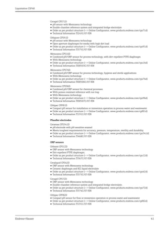 Liquistation CSF48
Endress+Hauser 41
Ceragel CPS71D
• pH sensor with Memosens technology
• Double-chamber reference system and integrated bridge electrolyte
• Order as per product structure (--> Online Configurator, www.products.endress.com/cps71d)
• Technical Information TI245C/07/EN
Orbipore CPS91D
• pH sensor with Memosens technology
• Open aperture diaphragm for media with high dirt load
• Order as per product structure (--> Online Configurator, www.products.endress.com/cps91d)
• Technical Information TI375C/07/EN
Memosens CPS16D
• Combined pH/ORP sensor for process technology, with dirt-repellent PTFE diaphragm
• With Memosens technology
• Order as per product structure (--> Online Configurator, www.products.endress.com/cps16d)
• Technical Information TI00503C/07/EN
Memosens CPS76D
• Combined pH/ORP sensor for process technology, hygiene and sterile applications
• With Memosens technology
• Order as per product structure (--> Online Configurator, www.products.endress.com/cps76d)
• Technical Information TI00506C/07/EN
Memosens CPS96D
• Combined pH/ORP sensor for chemical processes
• With poison-resistant reference with ion trap
• With Memosens technology
• Order as per product structure (--> Online Configurator, www.products.endress.com/cps96d)
• Technical Information TI00507C/07/EN
Orbipac CPF81D
• Compact pH sensor for installation or immersion operation in process water and wastewater
• Order as per product structure (--> Online Configurator, www.products.endress.com/cpf81d)
• Technical Information TI191C/07/EN
Pfaudler electrodes
Ceramax CPS341D
• pH electrode with pH-sensitive enamel
• Meets toughest requirements for accuracy, pressure, temperature, sterility and durability
• Order as per product structure (--> Online Configurator, www.products.endress.com/cps341d)
• Technical Information TI468C/07/EN
ORP sensors
Orbisint CPS12D
• ORP sensor with Memosens technology
• Dirt-repellent PTFE diaphragm;
• Order as per product structure (--> Online Configurator, www.products.endress.com/cps12d)
• Technical Information TI367C/07/EN
Ceraliquid CPS42D
• ORP sensor with Memosens technology
• Ceramic diaphragm and KCl liquid electrolyte
• Order as per product structure (--> Online Configurator, www.products.endress.com/cps42d)
• Technical Information TI373C/07/EN
Ceragel CPS72D
• ORP sensor with Memosens technology
• Double-chamber reference system and integrated bridge electrolyte;
• Order as per product structure (--> Online Configurator, www.products.endress.com/cps72d)
• Technical Information TI374C/07/EN
Orbipac CPF82D
• Compact pH sensor for flow or immersion operation in process water and wastewater
• Order as per product structure (--> Online Configurator, www.products.endress.com/cpf82d)
• Technical Information TI191C/07/EN
 