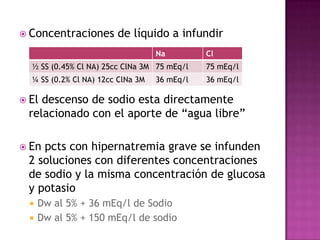  Concentraciones       de líquido a infundir
                                   Na         Cl
  ½ SS (0.45% Cl NA) 25cc ClNa 3M 75 mEq/l    75 mEq/l
  ¼ SS (0.2% Cl NA) 12cc ClNa 3M   36 mEq/l   36 mEq/l

 Eldescenso de sodio esta directamente
 relacionado con el aporte de “agua libre”

 Enpcts con hipernatremia grave se infunden
 2 soluciones con diferentes concentraciones
 de sodio y la misma concentración de glucosa
 y potasio
     Dw al 5% + 36 mEq/l de Sodio
     Dw al 5% + 150 mEq/l de sodio
 