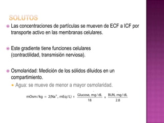    Las concentraciones de partículas se mueven de ECF a ICF por
    transporte activo en las membranas celulares.

   Este gradiente tiene funciones celulares
    (contractilidad, transmisión nerviosa).

   Osmolaridad: Medición de los sólidos diluidos en un
    compartimiento.
     Agua: se mueve de menor a mayor osmolaridad.
 
