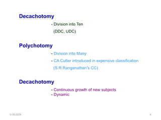 Decachotomy
- Division into Ten
(DDC, UDC)
Polychotomy
- Division into Many
- CA Cutter introduced in expensive classification
(S R Ranganathan’s CC)
Decachotomy
- Continuous growth of new subjects
- Dynamic
5/30/2024 6
 
