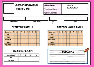 Quarter 1 2 3 4 5 6 7 8 9 T
PS
FIRST
SECOND
THIRD
FOURTH
Quarter 1 2 3 4 5 6 7 8 9 T
PS
FIRST
SECOND
THIRD
FOURTH
QUARTER 1 2 3 4
PS
SCORE
Learner’s Individual
Record Card
Subject Area
Teacher’s Name:
Grade&Section:
LAST NAME FIRST NAME M.
I
LRN
WRITTEN WORKS PERFORMANCE TASK
QUARTER EXAM
ARALIN
PANLIPUNAN
REMARKS
 