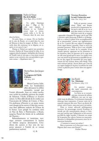 58
Véronique Renaudeau
La nuit, l'océan rêve aussi
Libre 2 lire, 164 p. 16 €
Voilà un premier roman
réussi. Thala, une femme
proche de la cinquantaine las-
sée par le vide de sa vie, ne se
sent plus aimée et se lance un
défi pour sortir de sa torpeur
: apprendre à dompter les vagues par le surf. Elle
y parvient après beaucoup d'efforts et d'abnéga-
tion et y trouve le plaisir d'un accomplissement
de sa personnalité, comme une régénérescence
de sa vie. L'autrice file avec talent la métaphore
d'une vague bonne à prendre. Dans ce récit à la
première personne, Thala se livre à une véritable
introspection au travers de la conquête d'une
réussite sportive, appuyant sur les sensations et
les émotions, dans un parcours où le corps joue
un rôle aussi grand que le cœur. Les rendez-vous
avec son amant lui permettent en parallèle de sur-
fer sur des vagues de sensualité qui nous appri-
voisent de leur écriture dense mais fluide, riche
mais toujours précise. Aucun doute que l'une de
ces vagues happera le lecteur, la surfeuse lui tend
si bien sa planche pour l'attirer dans son appren-
tissage.
				 AP
Pauline de Vençay
Rue de la Moïka
Pierre Téqui, 201 p. 13,50 €
Un polar historique
à deux ! Olga et Ni-
colaï sont séparés, à
Moscou et au Turkmé-
nistan mais se retrou-
veront enfin à la fin de
l’histoire dont ils sont tous
deux les héros.
Un petit bijou, ce roman. On est familier
de la cour de Russie, on se perd dans les rues
de Moscou et dans les steppes de Merv... On se
cache dans des tonneaux, on se déguise, on es-
quive, et on sauve le tsar !
Dumas et Tolstoï ont captivé mes premières
lectures, Pauline de Vençay prend le relais. Je ne
supporte plus les épopées multipliées des Guerres
de Vendée mais je sens que ce tout jeune nouvel
auteur va me convertir avec son précédent et pre-
mier roman : « Royalement vôtre » !
				 JR
Martine Basso, Jean-Jacques
Lujan
La vengeance de l’Arche
d’alliance
Vdl, 364 p. 20 €
Monte Cassino, Italie,
1944. Les bombardiers
alliés détruisent le célèbre
monastère, occupé par
l’armée allemande. Sous ces voûtes sacrées,
sont cachés les symboles précieux du temple
de Salomon, l’Arche d’Alliance et d’autres
trésors. Le Père abbé décide de les confier aux
Franciscains de l’abbaye de Cimiez, à Nice.
Un professeur d’histoire et un jeune moine
sont chargés de les mettre à l’abri des convoi-
tises dans différents endroits de l’Ouest de
la France. Leur périple les conduira ainsi
en Pays de Retz, à Noirmoutier, à Bouin,
jusqu’au Portail des Initiés de la cathédrale
de Chartres...
Rebondissements et ésotérisme mys-
tique tiennent constamment le lecteur
en haleine jusqu’au dénouement. L’éru-
dition des auteurs et leur sens du sus-
pense ajoutent à l’intérêt de ce roman
parfaitement maîtrisé.
				 G. B.
Jean Kozole
Les Glorieuses
L’arTbitraire, 148 p. 12 €
Un premier roman,
des sujets existentiels très
contemporains.
Les héros ne se connais-
sent pas, viennent de milieux
différents. ont une vie sans
relief, tissée de déboires. Un événement inattendu
télescope leurs trajectoires. L'auteur traite de la
capacité à pouvoir dire non. Non à un destin dé-
cevant, non à l’autre, mais aussi non à soi-même.
Dans ce roman subversif, politiquement
incorrect, les personnages tentent d’analyser le
monde par des raisonnements aboutis et finis-
sent par conclure que l’adaptation se fait souvent
par-delà les règles morales. S’abstraire un temps
de la question des valeurs, bonnes ou mauvaises.
dénoncer le déséquilibre permanent entre les in-
teractions humaines.
« Comment se sauver soi-même ?
Rien ni personne ne le fera pour nous ». En
filigrane dans toute cette histoire !
			 Eveline Thomer
 