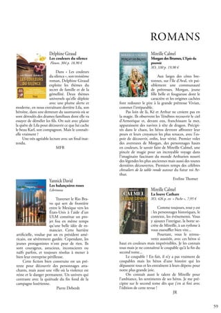 59
Yannick David
Les balançoires roses
Librinova
Traverser le Rio Bra-
vo qui sert de frontière
entre le Mexique vers les
États-Unis à l'aide d'un
ULM constitue un pro-
jet fou en même temps
qu'une belle idée de ro-
mancier. Cette barrière
artificielle, voulue par un ex président amé-
ricain, est sévèrement gardée. Cependant, les
jeunes protagonistes n'ont peur de rien. Ils
sont courageux, astucieux, inconscients ou
naïfs parfois, et toujours résolus à mener à
bien leur entreprise périlleuse.
Cette fiction bien construite est un pré-
texte pour découvrir des personnages atta-
chants, mais aussi une ville où la violence est
reine et le danger permanent. Un univers qui
contraste avec la quiétude du fin fond de la
campagne lozérienne.
			 Pierre Deberdt
Mireille Calmel
MorgandesBrumes,L'Epéedu
pouvoir
XO, 330 p. 19,90 €
Aux larges des côtes bre-
tonnes, sur l'île d'Aval, vit pai-
siblement une communauté
de prêtresses. Morgan, jeune
fille belle et fougueuse dont le
caractère et les origines cachées
font redouter le pire à la grande prêtresse Vivian,
commet l'irréparable.
Pas loin de là, Ké et Arthur ne croient pas en
la magie. Ils observent les Ténèbres recouvrir le ciel
d'Armorique et, devant eux, franchissant la mer,
apparaissent des navires à tête de dragon. Précipi-
tés dans le chaos, les héros devront affronter leur
peurs et leurs croyances les plus tenaces, avec l'es-
poir de découvrir, enfin, leur vérité. Premier volet
des aventures de Morgan, des personnages hauts
en couleurs, le savoir faire de Mireille Calmel, une
pincée de magie pour un incroyable voyage dans
l'imaginaire fascinant du monde Arthurien nourri
des légendes les plus anciennes mais aussi des toutes
dernières découvertes. Premiers temps des célèbres
chevaliers de la table ronde autour du futur roi Ar-
thur.
				 Eveline Thomer
Mireille Calmel
La louve Cathare
XO, 426 p. en « Poche », 7,95 €
Comme toujours, tout y est
: les personnages historiques, le
contexte, les événements. Vous
y ajoutez l’intrigue, la botte se-
crète de Mireille, à un rythme à
vous essouffler bien vite...
Pourtant, vous le retrou-
verez aussitôt, avec ces héros si
haut en couleurs mais imprévisibles. Je les connais
tous mais je ne connaîtrai le coupable qu’à la fin du
second tome...
Le coupable ? En fait, il n’y a pas vraiment de
coupables mais les héros d’une histoire qui les
dépassent tous et les entraînent à leurs dépens pour
notre plus grande joie.
On connaît aussi le talent de Mireille pour
l’ambiance, les sentiments de ses héros. Je me pré-
cipite sur le second tome dès que j’en ai fini avec
l’édition de cette revue !					
				 JR
Delphine Giraud
Les couleurs du silence
Fleuve, 304 p. 18,90 €
Dans « Les couleurs
du silence », son troisième
roman, Delphine Giraud
exploite les thèmes du
secret de famille et de la
gémellité. Deux thèmes
universels qu’elle déploie
avec une plume alerte et
moderne, en nous entraînant derrière Lila, son
héroïne, dans une demeure du saumurois où se
sont déroulés des drames familiaux dont elle va
essayer de démêler les fils. On suit avec plaisir
la quête de Lila pour découvrir ce que lui cache
le beau Karl, son compagnon. Mais le connaît-
elle vraiment ?
Une très agréable lecture avec un final inat-
tendu.
			 MFB
ROMANS
 