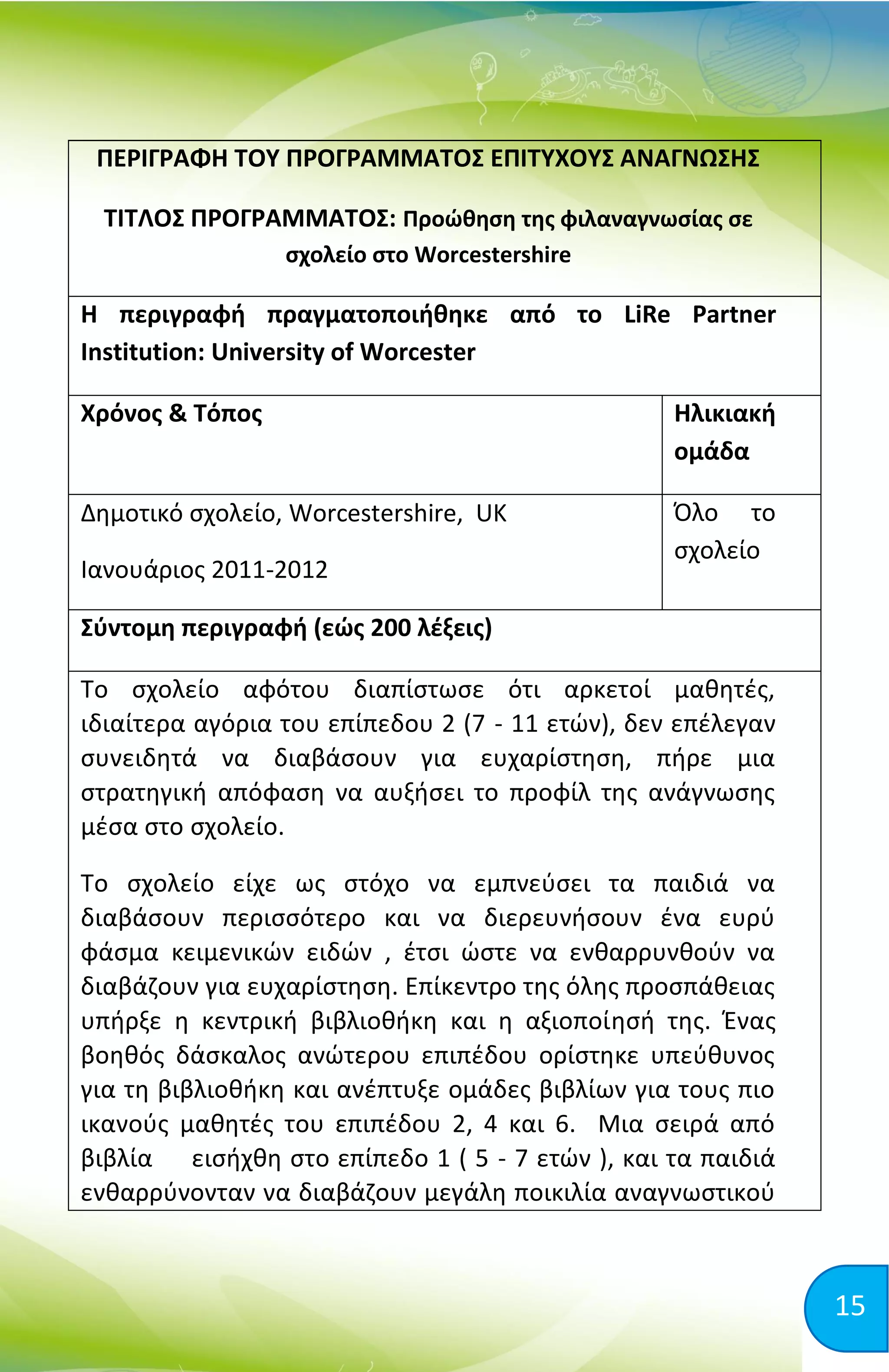 15
ΠΕΡΙΓΡΑΦΗ ΤΟΥ ΠΡΟΓΡΑΜΜΑΤΟΣ ΕΠΙΤΥΧΟΥΣ ΑΝΑΓΝΩΣΗΣ
ΤΙΤΛΟΣ ΠΡΟΓΡΑΜΜΑΤΟΣ: Προώθηση της φιλαναγνωσίας σε
σχολείο στο Worcestershire
Η περιγραφή πραγματοποιήθηκε από το LiRe Partner
Institution: University of Worcester
Χρόνος & Τόπος Ηλικιακή
ομάδα
Δημοτικό σχολείο, Worcestershire, UK
Ιανουάριος 2011-2012
Όλο το
σχολείο
Σύντομη περιγραφή (εώς 200 λέξεις)
Το σχολείο αφότου διαπίστωσε ότι αρκετοί μαθητές,
ιδιαίτερα αγόρια του επίπεδου 2 (7 - 11 ετών), δεν επέλεγαν
συνειδητά να διαβάσουν για ευχαρίστηση, πήρε μια
στρατηγική απόφαση να αυξήσει το προφίλ της ανάγνωσης
μέσα στο σχολείο.
Το σχολείο είχε ως στόχο να εμπνεύσει τα παιδιά να
διαβάσουν περισσότερο και να διερευνήσουν ένα ευρύ
φάσμα κειμενικών ειδών , έτσι ώστε να ενθαρρυνθούν να
διαβάζουν για ευχαρίστηση. Επίκεντρο της όλης προσπάθειας
υπήρξε η κεντρική βιβλιοθήκη και η αξιοποίησή της. Ένας
βοηθός δάσκαλος ανώτερου επιπέδου ορίστηκε υπεύθυνος
για τη βιβλιοθήκη και ανέπτυξε ομάδες βιβλίων για τους πιο
ικανούς μαθητές του επιπέδου 2, 4 και 6. Μια σειρά από
βιβλία εισήχθη στο επίπεδο 1 ( 5 - 7 ετών ), και τα παιδιά
ενθαρρύνονταν να διαβάζουν μεγάλη ποικιλία αναγνωστικού
 