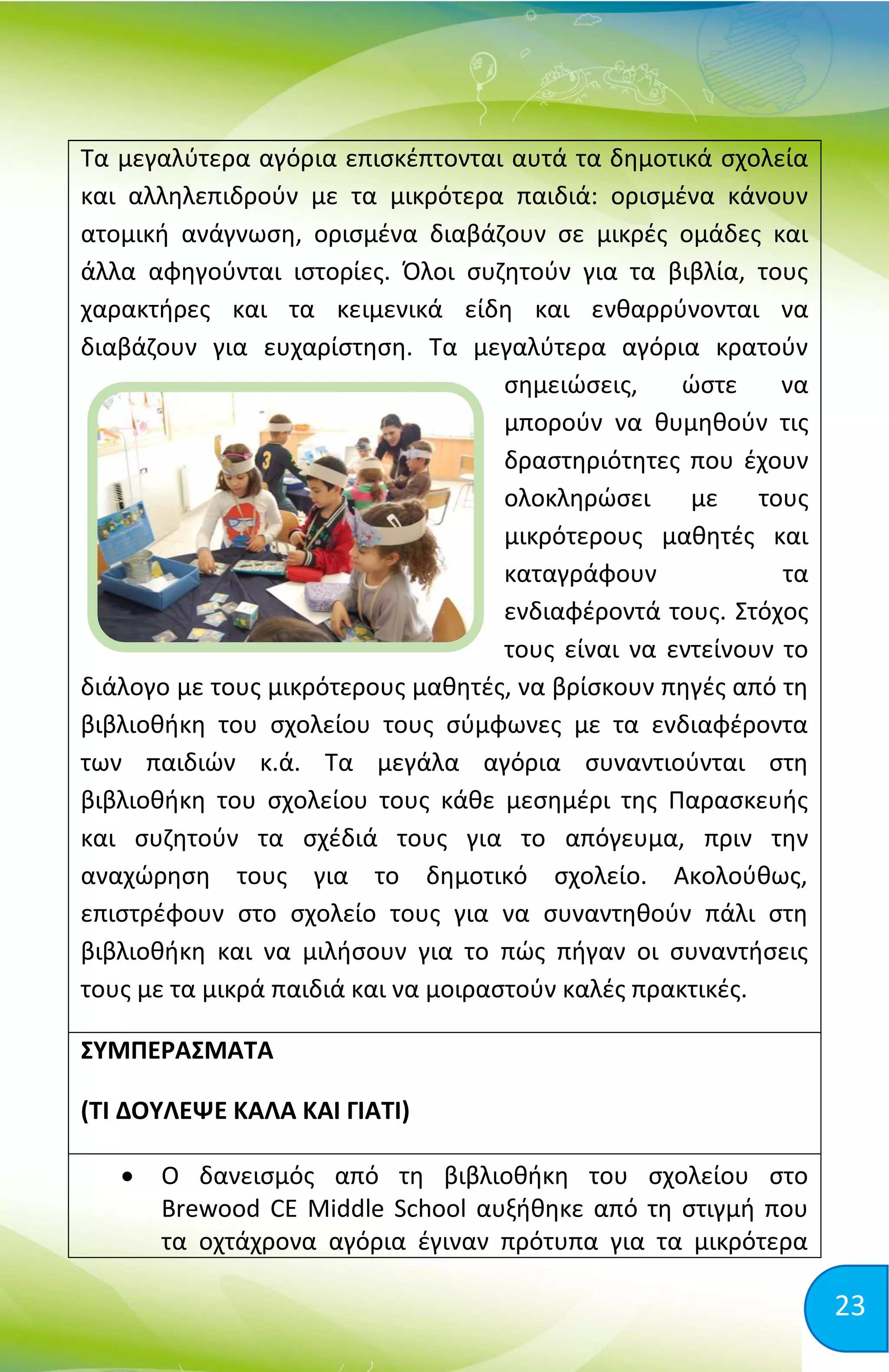 23
Τα μεγαλύτερα αγόρια επισκέπτονται αυτά τα δημοτικά σχολεία
και αλληλεπιδρούν με τα μικρότερα παιδιά: ορισμένα κάνουν
ατομική ανάγνωση, ορισμένα διαβάζουν σε μικρές ομάδες και
άλλα αφηγούνται ιστορίες. Όλοι συζητούν για τα βιβλία, τους
χαρακτήρες και τα κειμενικά είδη και ενθαρρύνονται να
διαβάζουν για ευχαρίστηση. Τα μεγαλύτερα αγόρια κρατούν
σημειώσεις, ώστε να
μπορούν να θυμηθούν τις
δραστηριότητες που έχουν
ολοκληρώσει με τους
μικρότερους μαθητές και
καταγράφουν τα
ενδιαφέροντά τους. Στόχος
τους είναι να εντείνουν το
διάλογο με τους μικρότερους μαθητές, να βρίσκουν πηγές από τη
βιβλιοθήκη του σχολείου τους σύμφωνες με τα ενδιαφέροντα
των παιδιών κ.ά. Τα μεγάλα αγόρια συναντιούνται στη
βιβλιοθήκη του σχολείου τους κάθε μεσημέρι της Παρασκευής
και συζητούν τα σχέδιά τους για το απόγευμα, πριν την
αναχώρηση τους για το δημοτικό σχολείο. Ακολούθως,
επιστρέφουν στο σχολείο τους για να συναντηθούν πάλι στη
βιβλιοθήκη και να μιλήσουν για το πώς πήγαν οι συναντήσεις
τους με τα μικρά παιδιά και να μοιραστούν καλές πρακτικές.
ΣΥΜΠΕΡΑΣΜΑΤΑ
(ΤΙ ΔΟΥΛΕΨΕ ΚΑΛΑ ΚΑΙ ΓΙΑΤΙ)
 Ο δανεισμός από τη βιβλιοθήκη του σχολείου στο
Brewood CE Middle School αυξήθηκε από τη στιγμή που
τα οχτάχρονα αγόρια έγιναν πρότυπα για τα μικρότερα
 