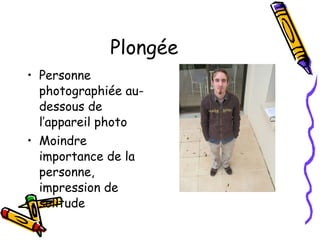 Plongée Personne photographiée au-dessous de l’appareil photo Moindre importance de la personne, impression de solitude 