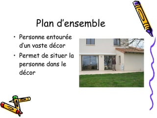 Plan d’ensemble Personne entourée d’un vaste décor Permet de situer la personne dans le décor 