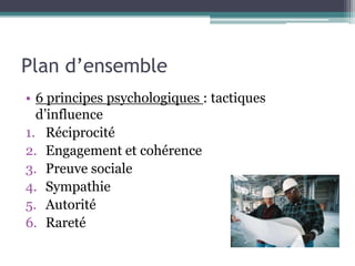 Plan d’ensemble
• 6 principes psychologiques : tactiques
  d’influence
1. Réciprocité
2. Engagement et cohérence
3. Preuve sociale
4. Sympathie
5. Autorité
6. Rareté
 