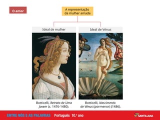 A representação
da mulher amada
Ideal de mulher
petrarquista
Ideal de Vénus
O amor
Botticelli, Retrato de Uma
Jovem (c. 1476-1480).
Botticelli, Nascimento
de Vénus (pormenor) (1486).
 
