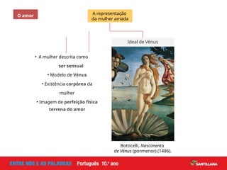 • Exaltação da dimensão
terrena do amor
Ideal de Vénus
• A mulher descrita como
ser sensual
• Modelo de Vénus
• Existência corpórea da
mulher
• Imagem de perfeição física
Botticelli, Nascimento
de Vénus (pormenor) (1486).
A representação
da mulher amada
O amor
 