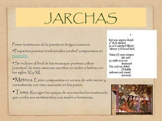 JARCHAS
Primer testimonio de la poesía en lengua romance.

•Pequeños poemas tradicionales (orales) compuestos en
mozárabe.
•Se incluían al final de las moaxajas: poemas cultos
(escritos) de tema amoroso escritos en árabe o hebreo en
los siglos XI y XII.

•Métrica. Están compuestas en versos de arte menor y
normalmente con rima asonante en los pares.

•Tema. Recogen las quejas de una muchacha enamorada
que confía sus sentimientos a su madre o hermanas.

 