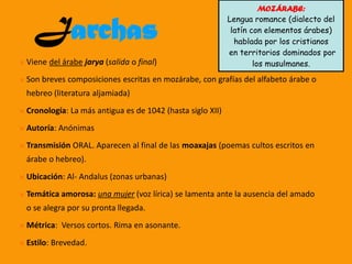 Viene del árabe jarya (salida o final)
Son breves composiciones escritas en mozárabe, con grafías del alfabeto árabe o
hebreo (literatura aljamiada)
Cronología: La más antigua es de 1042 (hasta siglo XII)
Autoría: Anónimas
Transmisión ORAL. Aparecen al final de las moaxajas (poemas cultos escritos en
árabe o hebreo).
Ubicación: Al- Andalus (zonas urbanas)
Temática amorosa: una mujer (voz lírica) se lamenta ante la ausencia del amado
o se alegra por su pronta llegada.
Métrica: Versos cortos. Rima en asonante.
Estilo: Brevedad.
Jarchas
MOZÁRABE:
Lengua romance (dialecto del
latín con elementos árabes)
hablada por los cristianos
en territorios dominados por
los musulmanes.
 