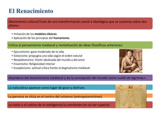El Renacimiento
Movimiento cultural fruto de una transformación social e ideológica que se sustenta sobre dos
pilares:
• I...
