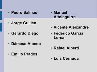 ● Pedro Salinas
● Jorge Guillén
● Gerardo Diego
● Dámaso Alonso
● Emilio Prados
● Manuel
Altolaguirre
● Vicente Aleixandre
● Federico García
Lorca
● Rafael Alberti
● Luis Cernuda
 