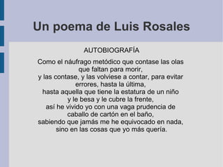 Un poema de Luis Rosales
AUTOBIOGRAFÍA
Como el náufrago metódico que contase las olas
que faltan para morir,
y las contase, y las volviese a contar, para evitar
errores, hasta la última,
hasta aquella que tiene la estatura de un niño
y le besa y le cubre la frente,
así he vivido yo con una vaga prudencia de
caballo de cartón en el baño,
sabiendo que jamás me he equivocado en nada,
sino en las cosas que yo más quería.
 