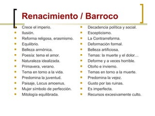 Renacimiento / Barroco <ul><li>Crece el imperio. </li></ul><ul><li>Ilusión. </li></ul><ul><li>Reforma religosa, erasmismo....