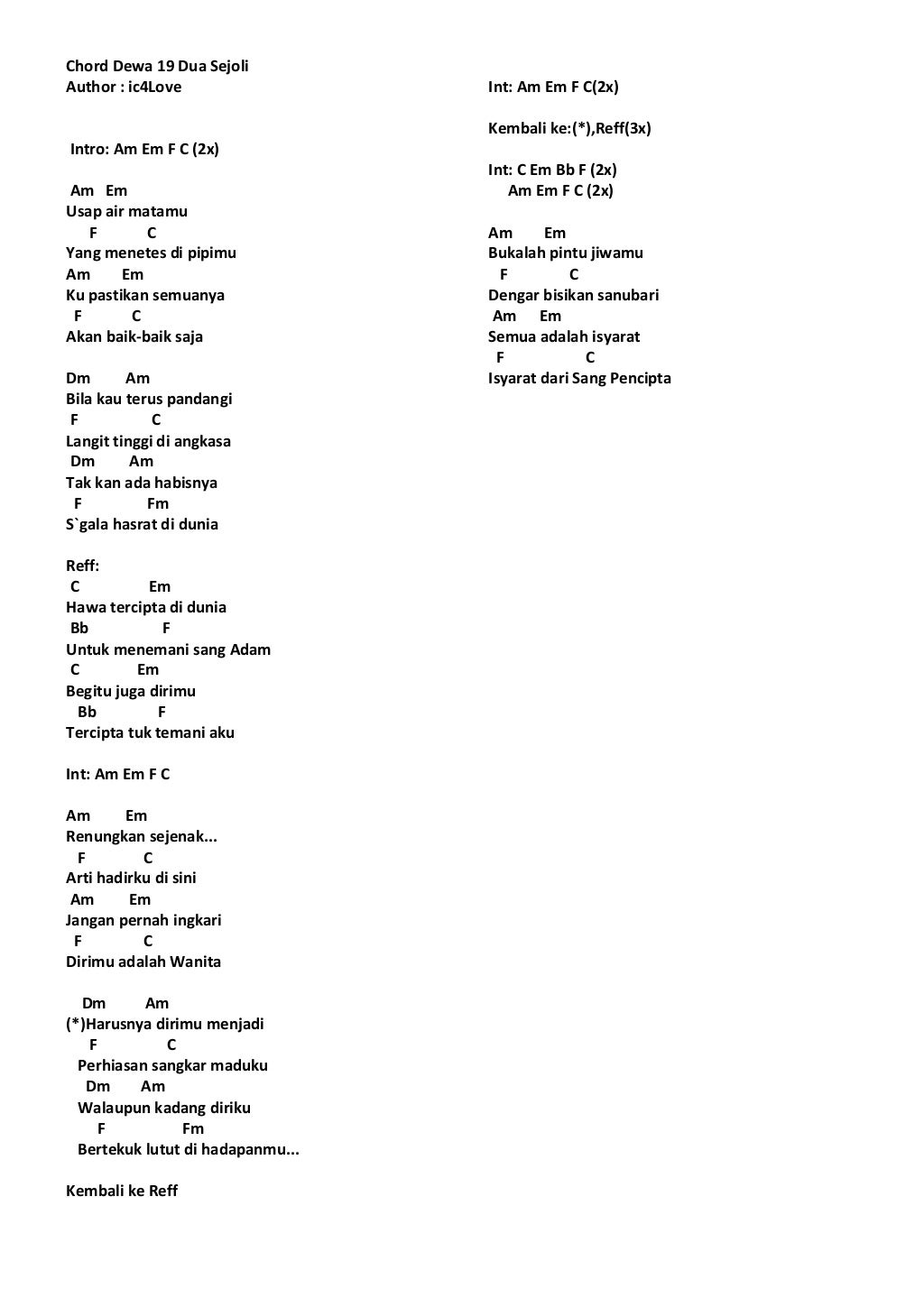 Lirik & chord lagu mix 1