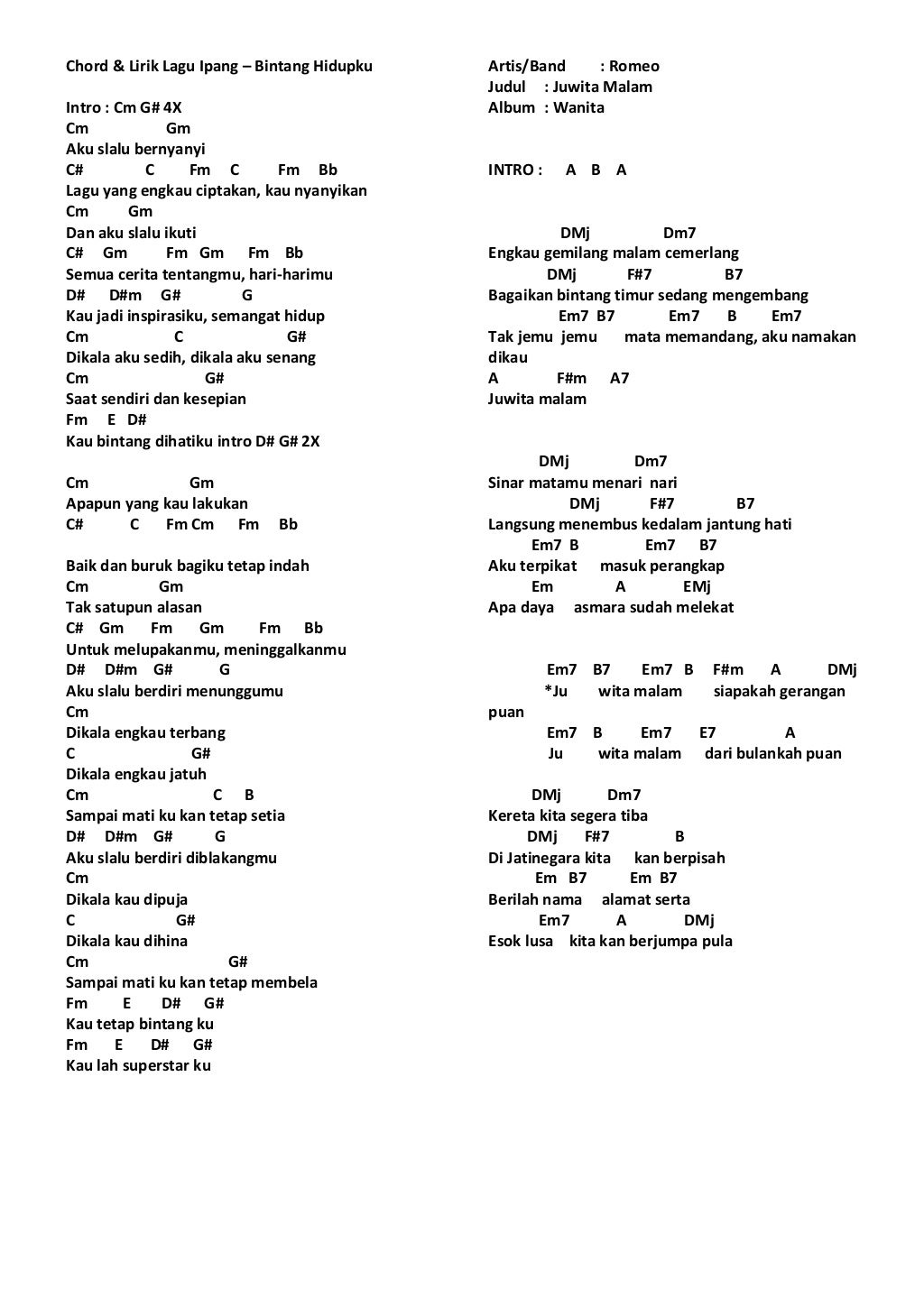 Lirik & chord lagu mix 1