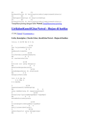 D5        B5        C5
bermandihujan di kalajayaterceburlumpursewaktuhancur
D5        B5        C5
ohbetapanikmatnya oh begituindahnya
D5        B5        C5
bermandihujan di kalajayaterceburlumpursewaktuhancur
Tampilkan posting dengan label Netral.Tampilkansemua posting

LirikdanKunciiGitarNetral - Hujan di hatiku
17:39 | Netral | 0 comments »

Lirik, Kuncigitar, Chords Gitar, KordGitarNetral - Hujan di hatiku:
Intro: D A/C# Bm A G 2x

D                  A/C#
Dan hujankembaliturun
Bm             A G
membasahirumahku
D                 A/C#
kulihatdarijendelakamarku
Bm            A G
di saatmerekatiba

D           A/C#
butiran air yang mengalir
Bm                 A    G
menetesdenganderasnya
D                    A/C#
menghempaskeras di atastanah
Bm          G A
mengalunkanirama

Int: G A Bm 2x
    G A F#m G
G A BmC#m

D               A/C#
kawananawanhitamdangelap
Bm                          A   G
yang membentang di sepanjanglangit
D                      A/C#
bergulung-lgulungmenggumpal-nggumpal
Bm            A    G
menambahsuramsuasana

D                   A/C#
kilatdanpetirmenyambar-nyambar
Bm                A    G
menjilatmerobeklangit
D                 A/C#
gemuruhguntur yang menggelegar
Bm             G    A
 