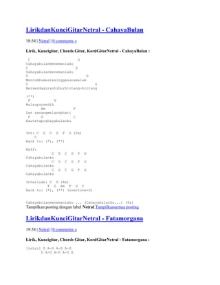 LirikdanKunciGitarNetral - CahayaBulan
18:54 | Netral | 0 comments »

Lirik, Kuncigitar, Chords Gitar, KordGitarNetral - CahayaBulan :
  C                      G
Cahayabulanmenemaniaku
C                      G
Cahayabulanmenemaniaku
C                            G
Mencumbumesrasinggasanamalam
C                               G
Bersendagurauhiburbintang-bintang

(**)
 F            G
Walaupunsedih
       Am             F
Dan senangmelandahati
 F     G              C
Kautetapcahayabulanku


Int: C G C G F            G (2x)
    C
Back to: (*), (**)

Reff:
            C     G   C    G    F   G
Cahayabulanku
            C     G   C    G    F   G
Cahayabulanku
            C     G   C    G    F   G
Cahayabulanku

Interlude: C G (4x)
          F G Am F G C
Back to: (*), (**) (overtone=D)


Cahayabulanmenemaniaku ... (Cahayabulanku...) (8x)
Tampilkan posting dengan label Netral.Tampilkansemua posting

LirikdanKunciGitarNetral - Fatamorgana
19:58 | Netral | 0 comments »

Lirik, Kuncigitar, Chords Gitar, KordGitarNetral - Fatamorgana :
[intro] D A-G A-D A-G
       D A-G A-D A-G A
 