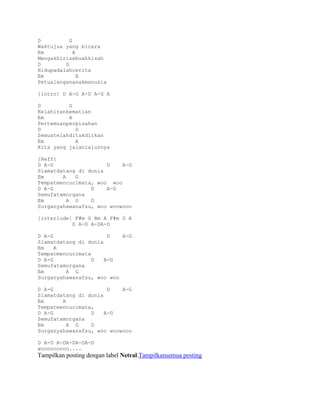 D          G
Waktujua yang bicara
Em           A
Mengakhirisebuahkisah
D        G
Hidupadalahcerita
Em             A
Petualangananakmanusia

[intro] D A-G A-D A-G A

D         G
Kelahirankematian
Em        A
Pertemuanperpisahan
D           G
Semuatelahditakdirkan
Em          A
Kita yang jalanialurnya

[Reff]
D A-G                 D    A-G
Slamatdatang di dunia
Em      A   G
Tempatmencucimata, woo woo
D A-G            D    A-G
Semufatamorgana
Em        A G    D
Surganyahawanafsu, woo woowooo

[interlude] F#m G Bm A F#m G A
           D A-D A-DA-D

D A-G                  D   A-G
Slamatdatang di dunia
Em    A
Tempatmencucimata
D A-G             D   A-G
Semufatamorgana
Em       A G
Surganyahawanafsu, woo woo

D A-G                  D   A-G
Slamatdatang di dunia
Em      A
Tempatmencucimata,
D A-G            D    A-G
Semufatamorgana
Em        A G    D
Surganyahawanafsu, woo woowooo

D A-D A-DA-DA-DA-D
wooooooooo....
Tampilkan posting dengan label Netral.Tampilkansemua posting
 