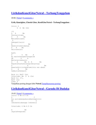 LirikdanKunciGitarNetral - TerbangTenggelam
20:06 | Netral | 0 comments »

Lirik, Kuncigitar, Chords Gitar, KordGitarNetral - TerbangTenggelam :
Intro: D
      G A     Bm (2x)

(*)
G   A        Bm
Pesonacintamu
G       A     Bm
Menjamahjiwaku
  G
Semogakilauini
A                 Bm
Abadiuntukselamanya
G     A    Bm
Geloraselalu

Reff:
D           G  Em      A
Ku mauterbangdantenggelam
F#        G       A
Menjalanisemuaini
G     A       Bm G A           Bm
Reguklahnafaskuresapidenyutnya
G                 A                Bm
Bawalahdiriinikedalamcinta nan abadi
G       A      Bm
Sambutlahkekasih

Back to: Reff (2x)
Interlude: Bm D A (2x)
Back to: (*),
Reff (3x)
Coda: D
Tampilkan posting dengan label Netral.Tampilkansemua posting

LirikdanKunciGitarNetral - Garuda Di Dadaku
19:43 | Netral | 0 comments »
Intro: G Bm A D 2x
G                       C
Ayo putrabangsaharumkannegeriini
Am                        D
Jadikankitabangga Indonesia

Interlude: G Bm A D 2x

G             Am
Jayalahnegaraku
 