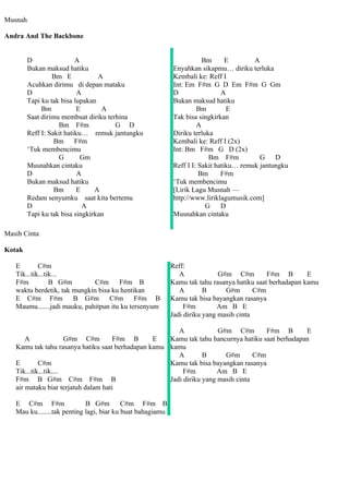 Musnah

Andra And The Backbone


         D                 A                                           Bm       E       A
         Bukan maksud hatiku                                Enyahkan sikapmu… diriku terluka
                  Bm E            A                         Kembali ke: Reff I
         Acuhkan dirimu di depan mataku                     Int: Em F#m G D Em F#m G Gm
         D                  A                               D                 A
         Tapi ku tak bisa lupakan                           Bukan maksud hatiku
              Bm            E      A                                 Bm         E
         Saat dirimu membuat diriku terhina                 Tak bisa singkirkan
                    Bm F#m             G D                           A
         Reff I: Sakit hatiku… remuk jantungku              Diriku terluka
                   Bm F#m                                   Kembali ke: Reff I (2x)
         ‘Tuk membencimu                                    Int: Bm F#m G D (2x)
                    G        Gm                                          Bm F#m           G D
         Musnahkan cintaku                                  Reff I I: Sakit hatiku… remuk jantungku
         D                  A                                         Bm      F#m
         Bukan maksud hatiku                                ‘Tuk membencimu
                   Bm       E    A                          [Lirik Lagu Musnah —
         Redam senyumku saat kita bertemu                   http://www.liriklagumusik.com]
         D                    A                                         G     D
         Tapi ku tak bisa singkirkan                        Musnahkan cintaku

Masih Cinta

Kotak

   E        C#m                                             Reff:
   Tik...tik...tik...                                          A             G#m C#m         F#m B        E
   F#m           B G#m        C#m      F#m B                Kamu tak tahu rasanya hatiku saat berhadapan kamu
   waktu berdetik, tak mungkin bisa ku hentikan                A        B      G#m       C#m
   E C#m F#m B G#m C#m                       F#m B          Kamu tak bisa bayangkan rasanya
   Maumu.......jadi mauku, pahitpun itu ku tersenyum             F#m         Am B E
                                                            Jadi diriku yang masih cinta

                                                        A             G#m C#m         F#m B       E
       A               G#m C#m        F#m B      E   Kamu tak tahu hancurnya hatiku saat berhadapan
   Kamu tak tahu rasanya hatiku saat berhadapan kamu kamu
                                                        A        B      G#m       C#m
   E        C#m                                      Kamu tak bisa bayangkan rasanya
   Tik...tik...tik....                                    F#m         Am B E
   F#m B G#m C#m F#m B                               Jadi diriku yang masih cinta
   air mataku biar terjatuh dalam hati

   E C#m F#m                 B G#m C#m F#m B
   Mau ku........tak penting lagi, biar ku buat bahagiamu
 