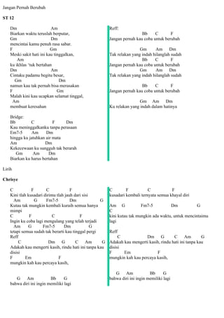 Jangan Pernah Berubah

ST 12

    Dm                     Am                             Reff:
    Biarkan waktu teruslah berputar,                                       Bb     C       F
    Gm                     Dm                             Jangan pernah kau coba untuk berubah
    mencintai kamu penuh rasa sabar.
    F                      Gm                                             Gm      Am Dm
    Meski sakit hati ini kau tinggalkan,                  Tak relakan yang indah hilanglah sudah
        Am                                                                 Bb     C        F
    ku ikhlas ‘tuk bertahan                               Jangan pernah kau coba untuk berubah
    Dm                     Am                                             Gm      Am Dm
    Cintaku padamu begitu besar,                          Tak relakan yang indah hilanglah sudah
      Gm                        Dm
    namun kau tak pernah bisa merasakan                                    Bb     C       F
    F                          Gm                         Jangan pernah kau coba untuk berubah
    Malah kini kau ucapkan selamat tinggal,
     Am                                                                   Gm Am Dm
    membuat keresahan                                     Ku relakan yang indah dalam hatinya

    Bridge:
    Bb         C           F    Dm
    Kau meninggalkanku tanpa perasaan
    Em7-5       Am     Dm
    hingga ku jatuhkan air mata
    Am                Dm
    Kekecewaan ku sungguh tak berarah
       Gm       Am       Dm
    Biarkan ku harus bertahan

Lirih

Chrisye

    C           F       C             F                   C        F           C           F
    Kini tlah kusadari dirimu tlah jauh dari sisi         kusadari kembali ternyata semua khayal diri
      Am          G     Fm7-5         Dm             G
    Kutau tak mungkin kembali kuraih semua hanya          Am G             Fm7-5          Dm            G
    mimpi                                                 C
    C          F            C              F              kini kutau tak mungkin ada waktu, untuk mencintaimu
    Ingin ku coba lagi mengulang yang telah terjadi       lagi
      Am      G       Fm7-5       Dm              G
    tetapi semua sudah tak berarti kau tinggal pergi      Reff
    Reff                                                       C             Dm G           C      Am       G
         C                Dm G           C     Am     G   Adakah kau mengerti kasih, rindu hati ini tanpa kau
    Adakah kau mengerti kasih, rindu hati ini tanpa kau   disisi
    disisi                                                F      Em               F
    F        Em                F                          mungkin kah kau percaya kasih,
    mungkin kah kau percaya kasih,

                                                             G    Am            Bb      G
       G    Am            Bb      G                       bahwa diri ini ingin memiliki lagi
    bahwa diri ini ingin memiliki lagi
 