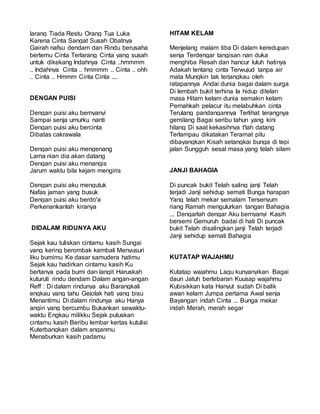 larang Tiada Restu Orang Tua Luka
Karena Cinta Sangat Susah Obatnya
Gairah nafsu dendam dan Rindu berusaha
bertemu Cinta Terlarang Cinta yang susah
untuk dikekang Indahnya Cinta ..hmmmm
.. Indahnya Cinta .. hmmmm .. Cinta .. ohh
.. Cinta .. Hmmm Cinta Cinta ....
DENGAN PUISI
Dengan puisi aku bernyanyi
Sampai senja umurku nanti
Dengan puisi aku bercinta
Dibatas cakrawala
Dengan puisi aku mengenang
Lama nian dia akan datang
Dengan puisi aku menangis
Jarum waktu bila kejam mengiris
Dengan puisi aku mengutuk
Nafas jaman yang busuk
Dengan puisi aku berdo'a
Perkenankanlah kiranya
DIDALAM RIDUNYA AKU
Sejak kau tuliskan cintamu kasih Sungai
yang kering berombak kembali Menyusuri
liku bumimu Ke dasar samudera hatimu
Sejak kau hadirkan cintamu kasih Ku
bertanya pada bumi dan langit Haruskah
kuturuti rindu dendam Dalam angan-angan
Reff : Di dalam rindunya aku Barangkali
engkau yang tahu Gejolak hati yang bisu
Menantimu Di dalam rindunya aku Hanya
angin yang bercumbu Bukankan sewaktu-
waktu Engkau milikku Sejak putuskan
cintamu kasih Beribu lembar kertas kutulisi
Kuterbangkan dalam anganmu
Menaburkan kasih padamu
HITAM KELAM
Menjelang malam tiba Di dalam keredupan
senja Terdengar tangisan nan duka
menghiba Resah dan hancur luluh hatinya
Adakah tentang cinta Terwujud tanpa air
mata Mungkin tak terjangkau oleh
ratapannya Andai dunia bagai dalam surga
Di lembah bukit terhina Ia hidup ditelan
masa Hitam kelam dunia semakin kelam
Pernahkah pelacur itu melabuhkan cinta
Terulang pandangannya Terlihat terangnya
gemilang Bagai seribu tahun yang kini
hilang Di saat kekasihnya t'lah datang
Terlampau dikatakan Teramat pilu
dibayangkan Kisah setangkai bunga di tepi
jalan Sungguh sesal masa yang telah silam
JANJI BAHAGIA
Di puncak bukit Telah saling janji Telah
terjadi Janji sehidup semati Bunga harapan
Yang telah mekar semalam Tersenyum
riang Ramah mengulurkan tangan Bahagia
... Dengarlah dengar Aku bernyanyi Kasih
bersemi Gemuruh badai di hati Di puncak
bukit Telah disalingkan janji Telah terjadi
Janji sehidup semati Bahagia
KUTATAP WAJAHMU
Kutatap wajahmu Lagu kunyanyikan Bagai
daun Jatuh bertebaran Kuusap wajahmu
Kubisikkan kata Hanyut sudah Di balik
awan kelam Jumpa pertama Awal senja
Bayangan indah Cinta ... Bunga mekar
indah Merah, merah segar
 