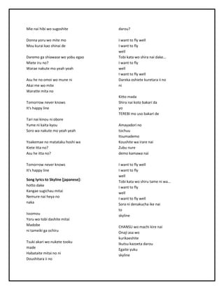 Mie nai hibi wosugoshite
Donna yoruwo mite mo
Mou kurai kaoshinai de
Daremoga shiawase woyobuegao
Miete iruno?
Warae nakute moyeahyeah
Asuhe noomoi wo mune ni
Akai me wo mite
Waratte mitano
Tomorrowneverknows
It's happyline
Tari nai kinouni obore
Yume ni kaitakyou
Soro wanakute mo yeahyeah
Yoakemae nomatatakuhoshi wa
Kiete ittano?
Asuhe ittano?
Tomorrowneverknows
It's happyline
Song lyrics to Skyline [japanese]:
hottodake
Kangae sugichaumitai
Nemure nai heyano
naka
Issomou
Yoru wo tobi dashite mitai
Madobe
ni tameiki gaochiru
Tsuki akari wo nukete tooku
made
Habataite mitai noni
Doushitaraii no
darou?
I wantto flywell
I wantto fly
well
Tobi kata wo shiranai dake...
I wantto fly
well
I wantto flywell
Darekaoshiete kuretaraii no
ni
Kittomada
Shiranai kotobakari da
yo
TEREBI mo uso bakari de
Amayadori no
tochuu
Itsumademo
Koushite wairare nai
Zubunure
demokamawanai
I wantto flywell
I wantto fly
well
Tobi kata wo shirutame ni wa...
I wantto fly
well
I wantto flywell
Sora ni denakuchaike nai
to
skyline
CHANSUwo machi kire nai
Onaji asa wo
kurikaeshite
Ikutsukazoetadarou
Egaite yuku
skyline
 