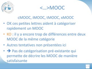 <…>MOOC
•
•

•
•

cMOOC, iMOOC, tMOOC, xMOOC
OK ces petites lettres aident à catégoriser
rapidement un MOOC
KO : il y a encore trop de différences entre deux
MOOC de la même catégorie
Autres tentatives non présentées ici
 Pas de catégorisation pré-existante qui
permette de décrire les MOOC de manière
satisfaisante

 