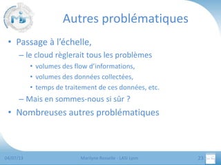 Autres problématiques
• Passage à l’échelle,
– le cloud règlerait tous les problèmes
• volumes des flow d’informations,
• volumes des données collectées,
• temps de traitement de ces données, etc.

– Mais en sommes-nous si sûr ?

• Nombreuses autres problématiques

04/07/13

Marilyne Rosselle - LASI Lyon

23

 