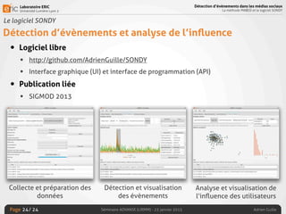 Laboratoire ERIC
Université Lumière Lyon 2
Page
Détection d’évènements dans les médias sociaux
La méthode MABED et le logiciel SONDY
Séminaire ADVANSE (LIRMM) - 23 janvier 2015 Adrien Guille/ 24
Le logiciel SONDY
Détection d’évènements et analyse de l’inﬂuence
• Logiciel libre
• http://github.com/AdrienGuille/SONDY
• Interface graphique (UI) et interface de programmation (API)
• Publication liée
• SIGMOD 2013
24
Collecte et préparation des
données
Détection et visualisation
des évènements
Analyse et visualisation de
l’inﬂuence des utilisateurs
 