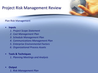 Project Risk Management Review Plan Risk Management Inputs Project Scope Statement Cost Management Plan Schedule Management Plan Communications Management Plan Enterprise Environmental Factors Organizational Process Assets Tools & Techniques Planning Meetings and Analysis Output Risk Management Plan 