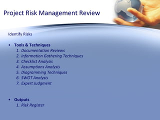 Project Risk Management Review Identify Risks Tools & Techniques Documentation Reviews Information Gathering Techniques Checklist Analysis Assumptions Analysis Diagramming Techniques SWOT Analysis Expert Judgment Outputs Risk Register 
