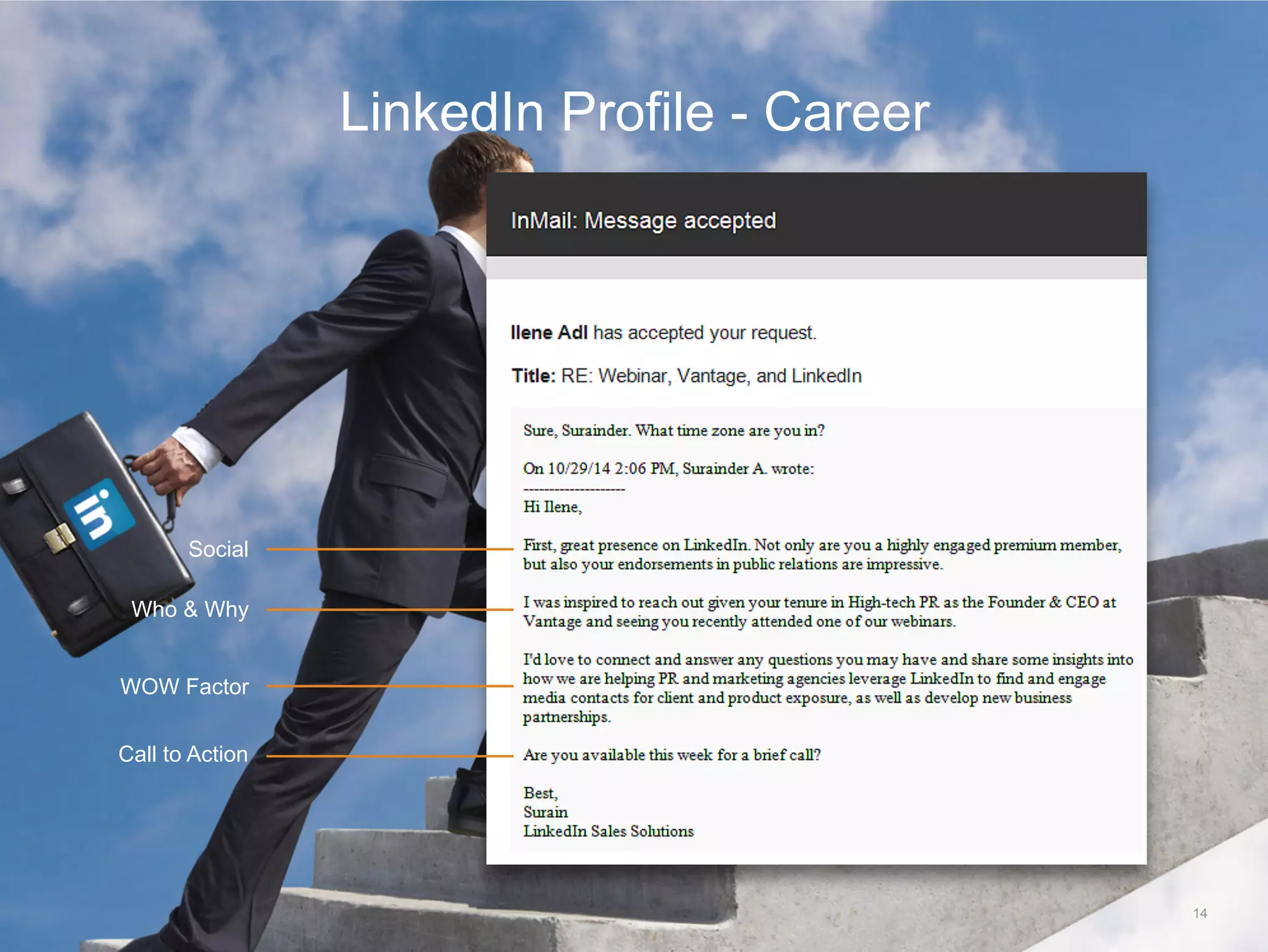 14
LinkedIn profile - Career
Social
Who & Why
WOW Factor
Call to Action
Ian Idle
JHK Inc
Ian,
JHK Inc.
 
